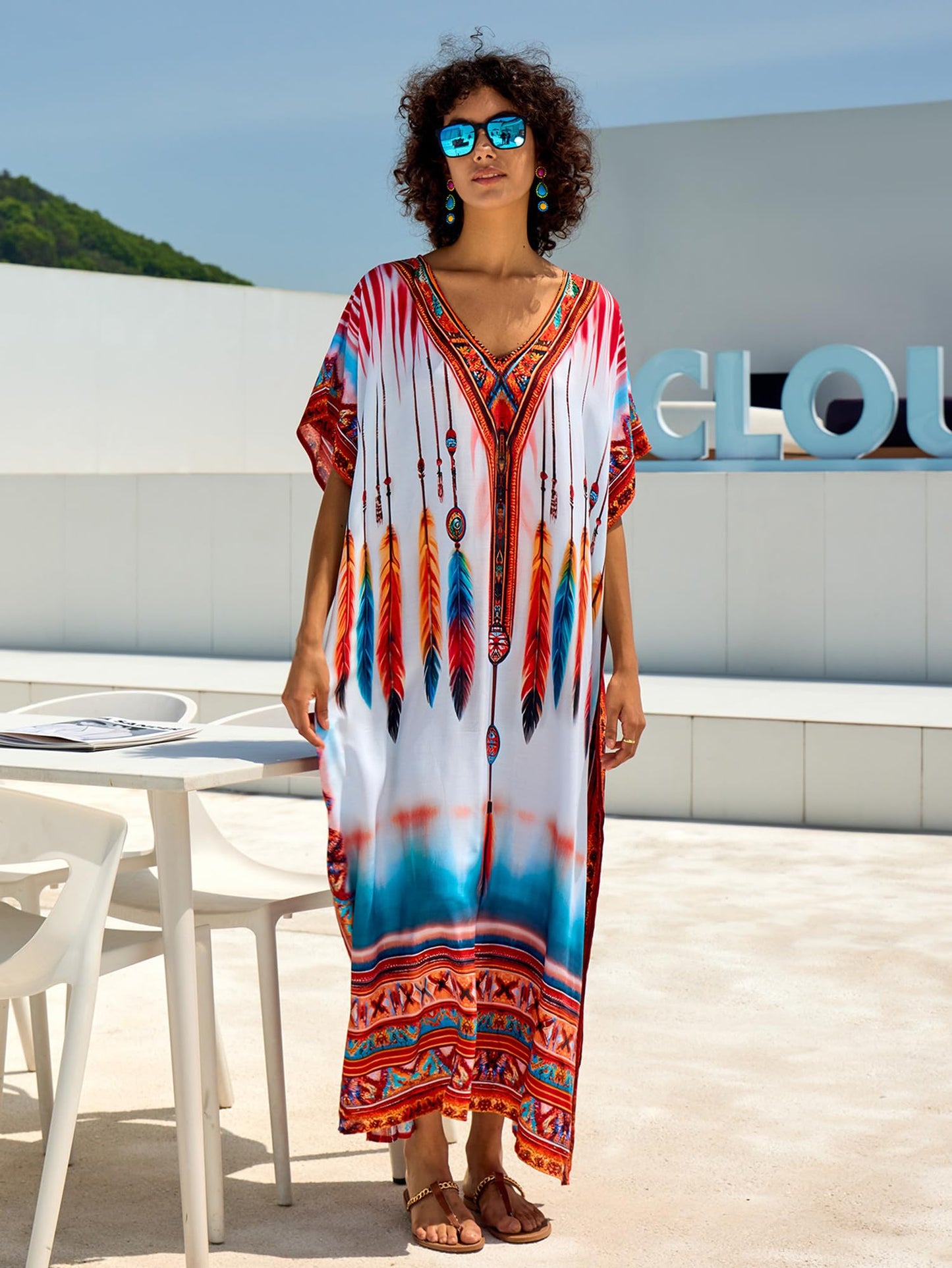 Chunoy Women V Neck Kaftan Casual Bathing Suit Kimono Sleeve Side Split Beach Cover Up Caftan Dress
