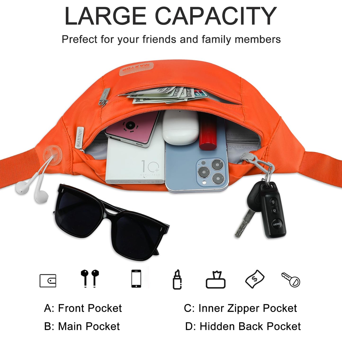 MAXTOP Large Crossbody Fanny Pack with 4-Zipper Pockets,Gifts for Enjoy Sports Festival Workout Traveling Running Casual Hands-Free Wallets Waist Pack Phone Bag Carrying All Phones