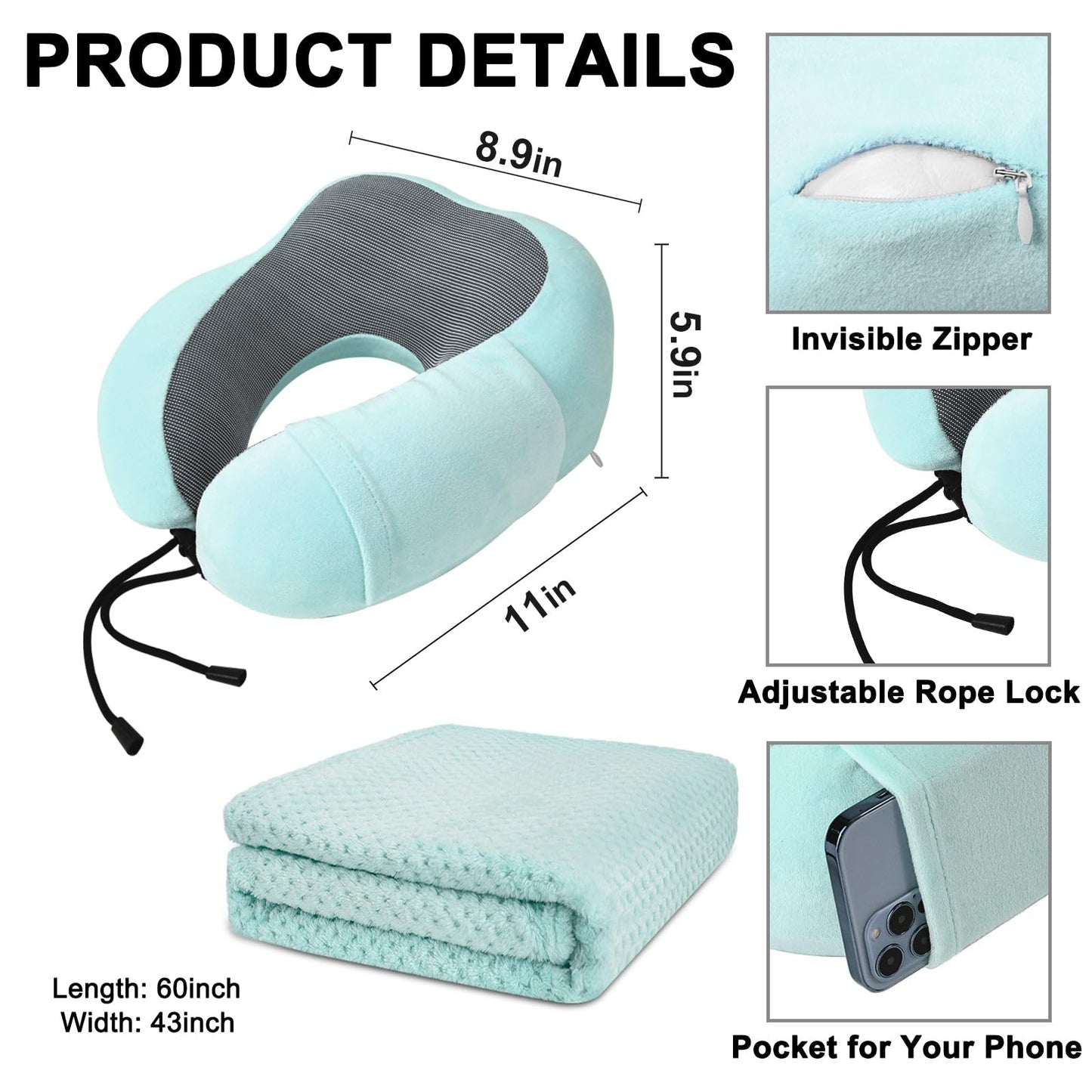 Travel Pillow and Blanket Set Neck Pillows Travel Essentials with Sleep Mask for Airplane Car Memory Foam Pink