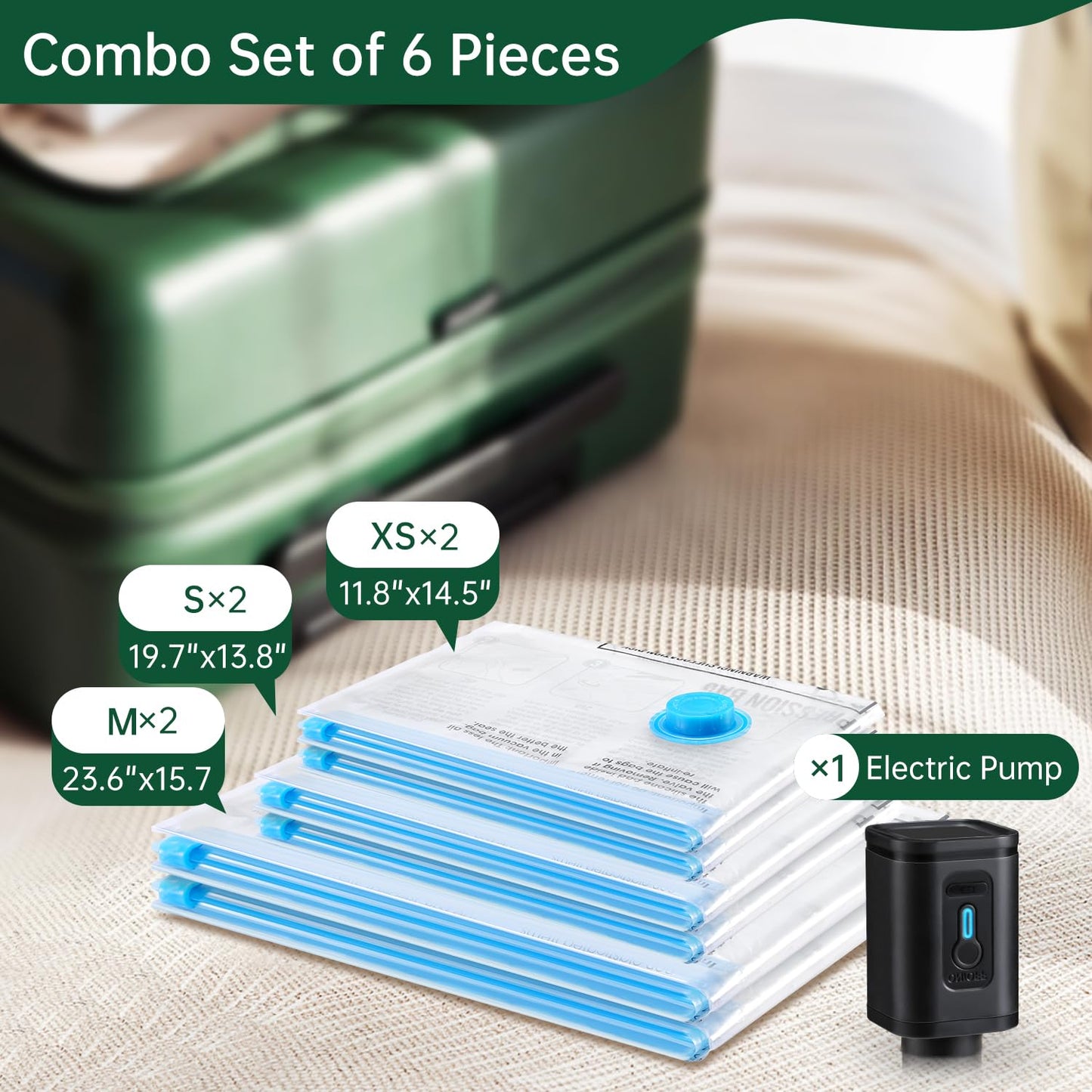 BRODI 10 Combo Pack Travel Vacuum Bags with Pump - Space Saver & Travel Essentials, Clothing & Luggage Vacuum Seal Bags