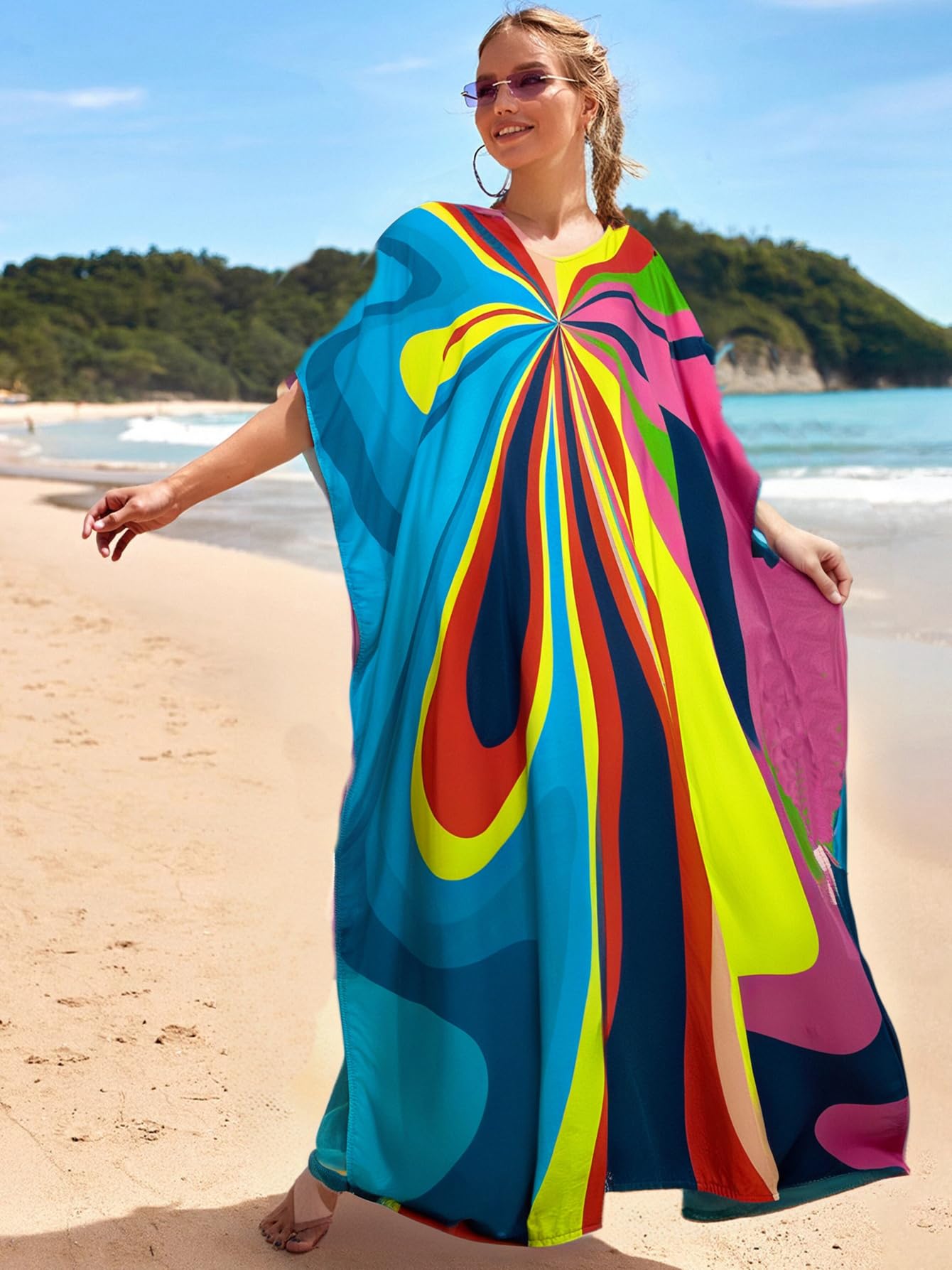 RanRui Floral Print Kaftan Dresses for Women Ethnic Boho Print Swim Cover up Batwing Sleeve Vneck Caftans