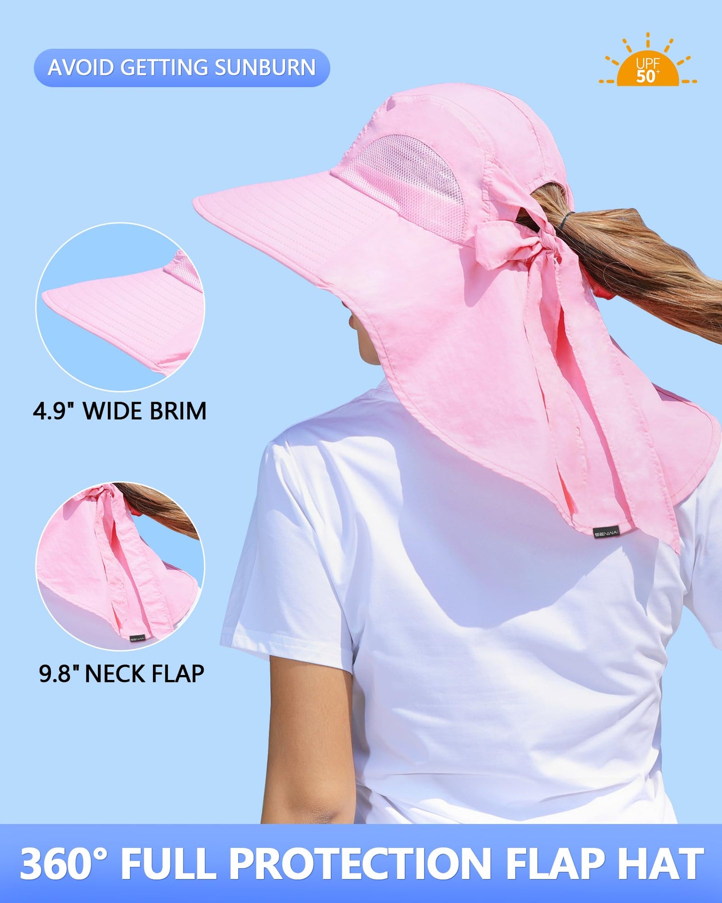 Womens Sun Hat Outdoor UV Protection Wide Brim Fishing Hat with Ponytail Hole Neck Flap for Beach Hiking Camping