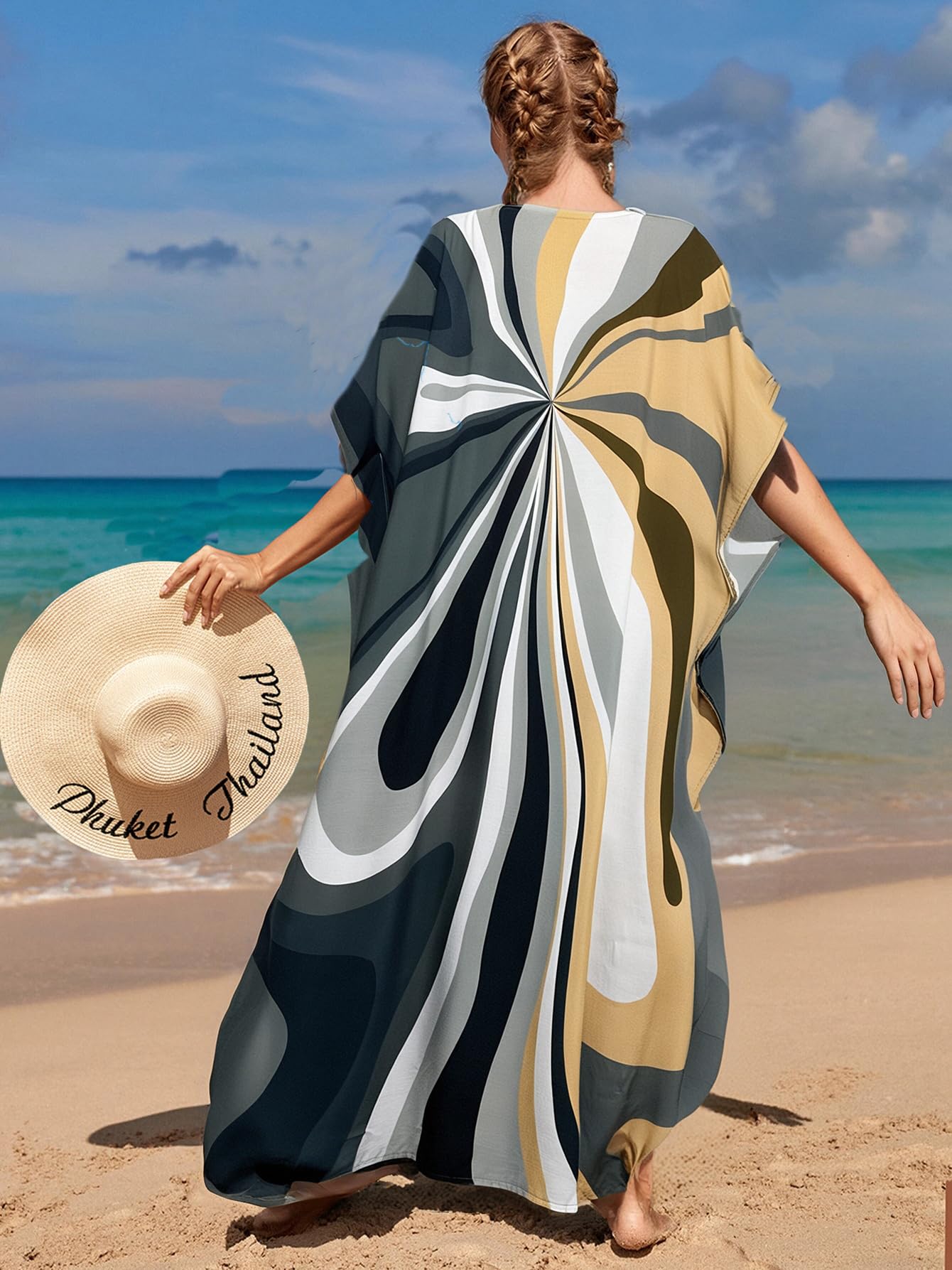 RanRui Floral Print Kaftan Dresses for Women Ethnic Boho Print Swim Cover up Batwing Sleeve Vneck Caftans