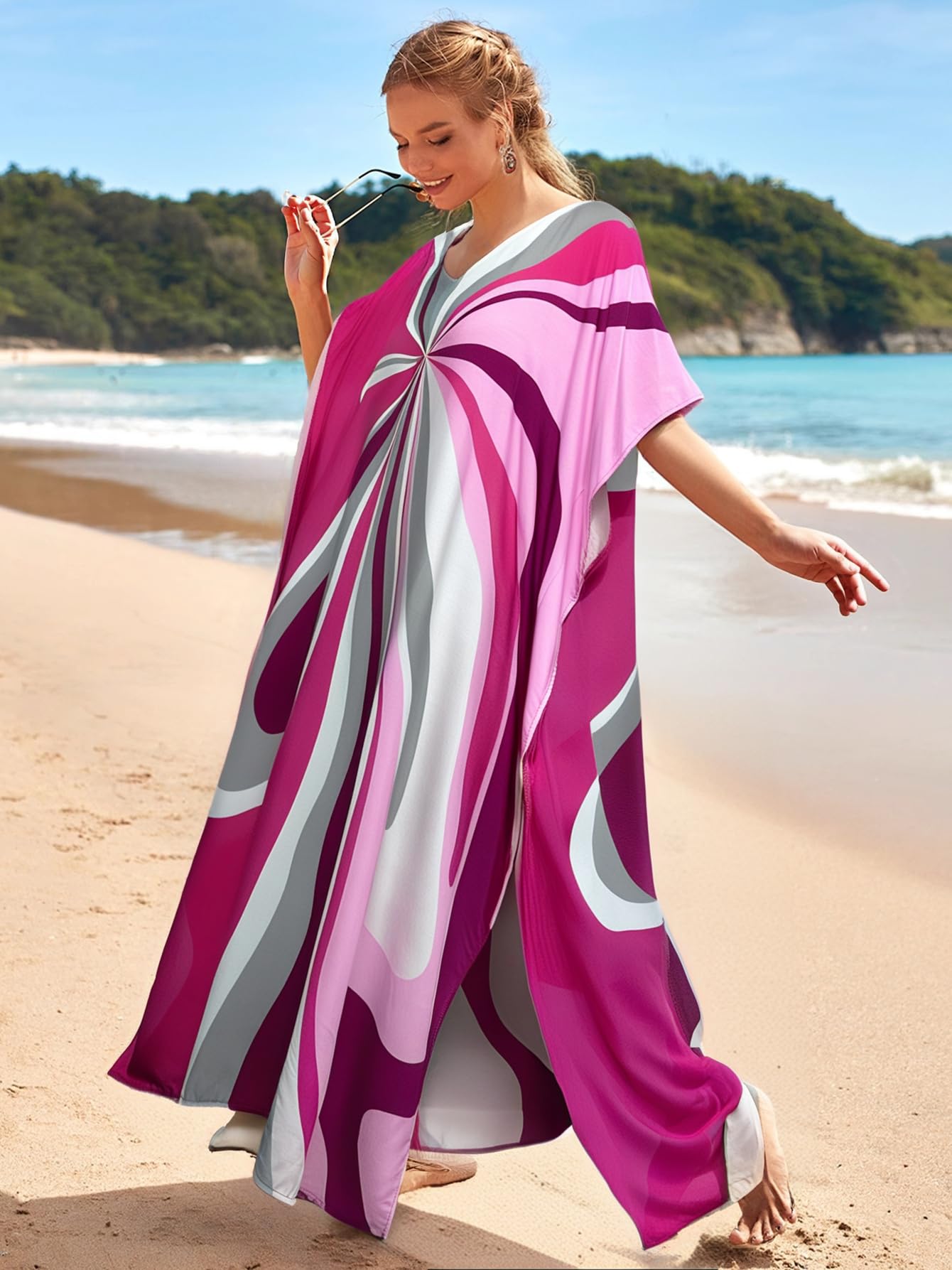 RanRui Floral Print Kaftan Dresses for Women Ethnic Boho Print Swim Cover up Batwing Sleeve Vneck Caftans
