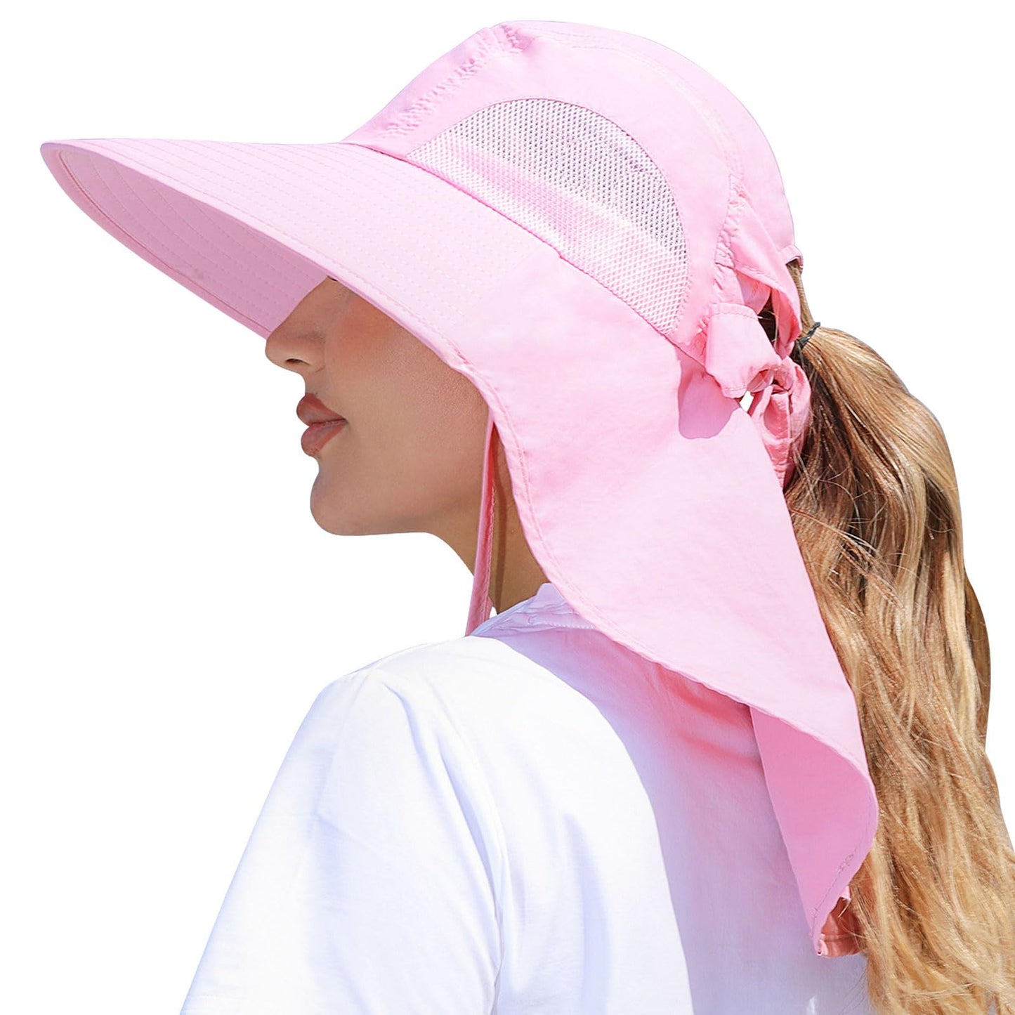 Womens Sun Hat Outdoor UV Protection Wide Brim Fishing Hat with Ponytail Hole Neck Flap for Beach Hiking Camping