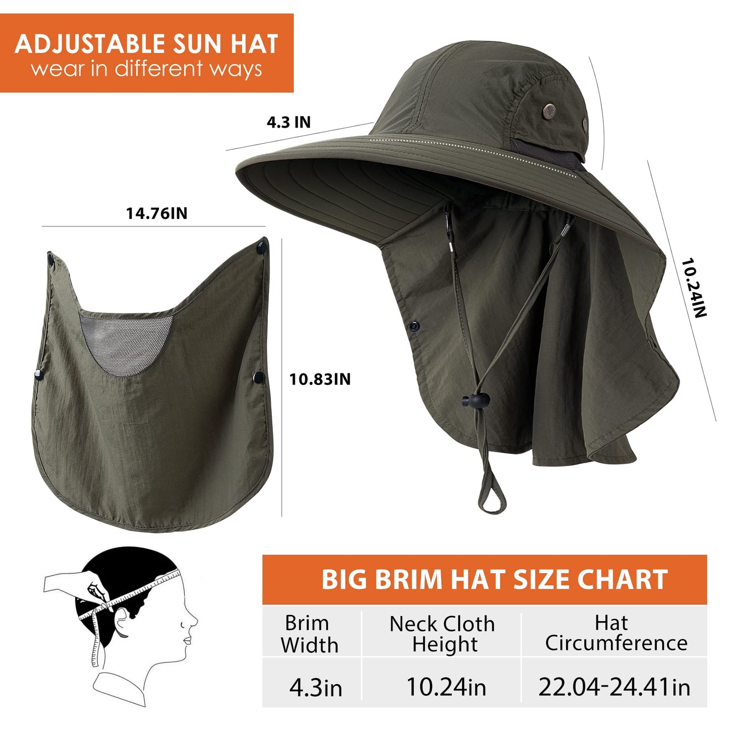 Mens Women Fishing Hat UPF 50+ Wide Brim Sun Hat with Face Cover & Neck Flap