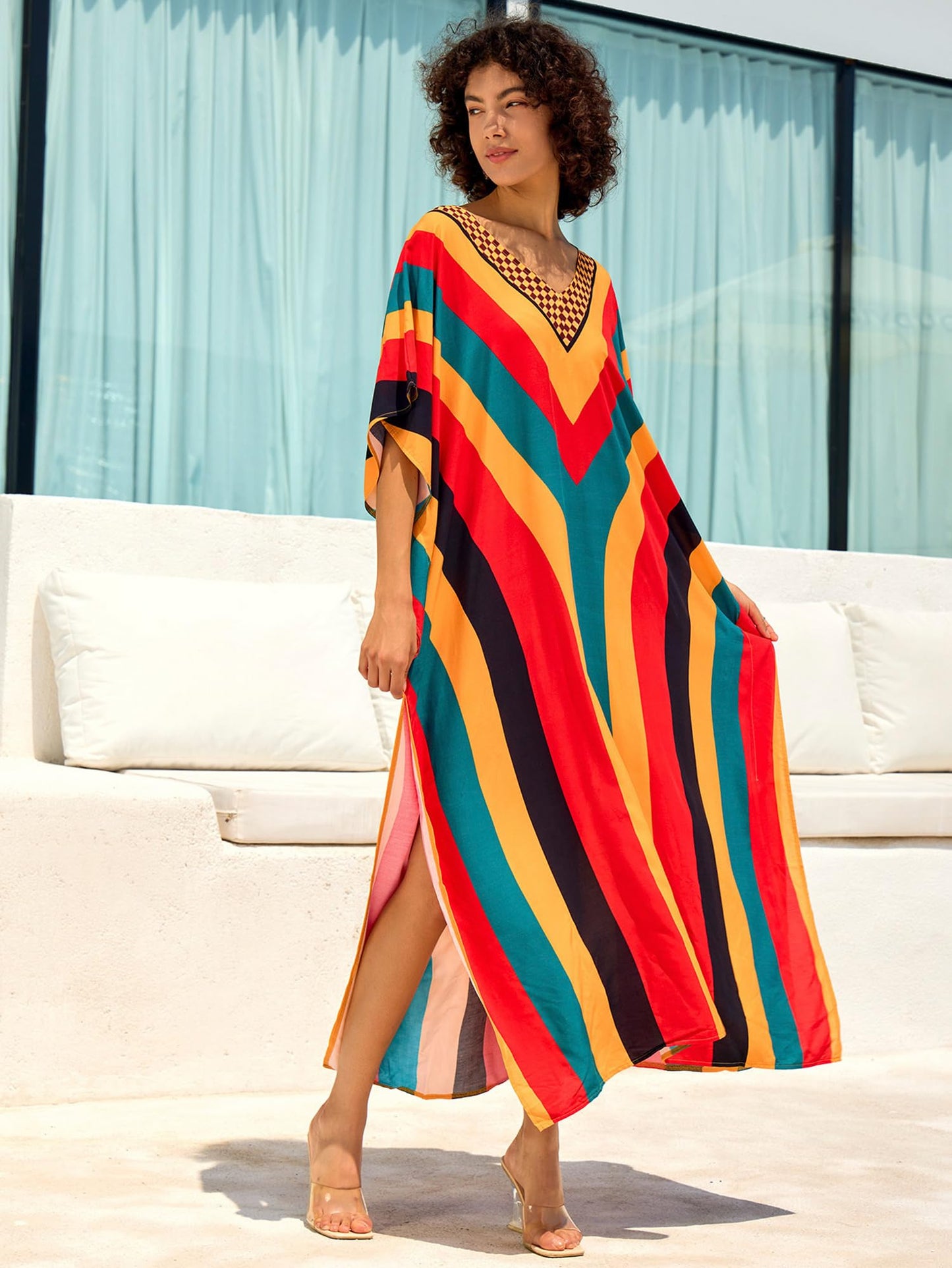 Chunoy Women V Neck Kaftan Casual Bathing Suit Kimono Sleeve Side Split Beach Cover Up Caftan Dress
