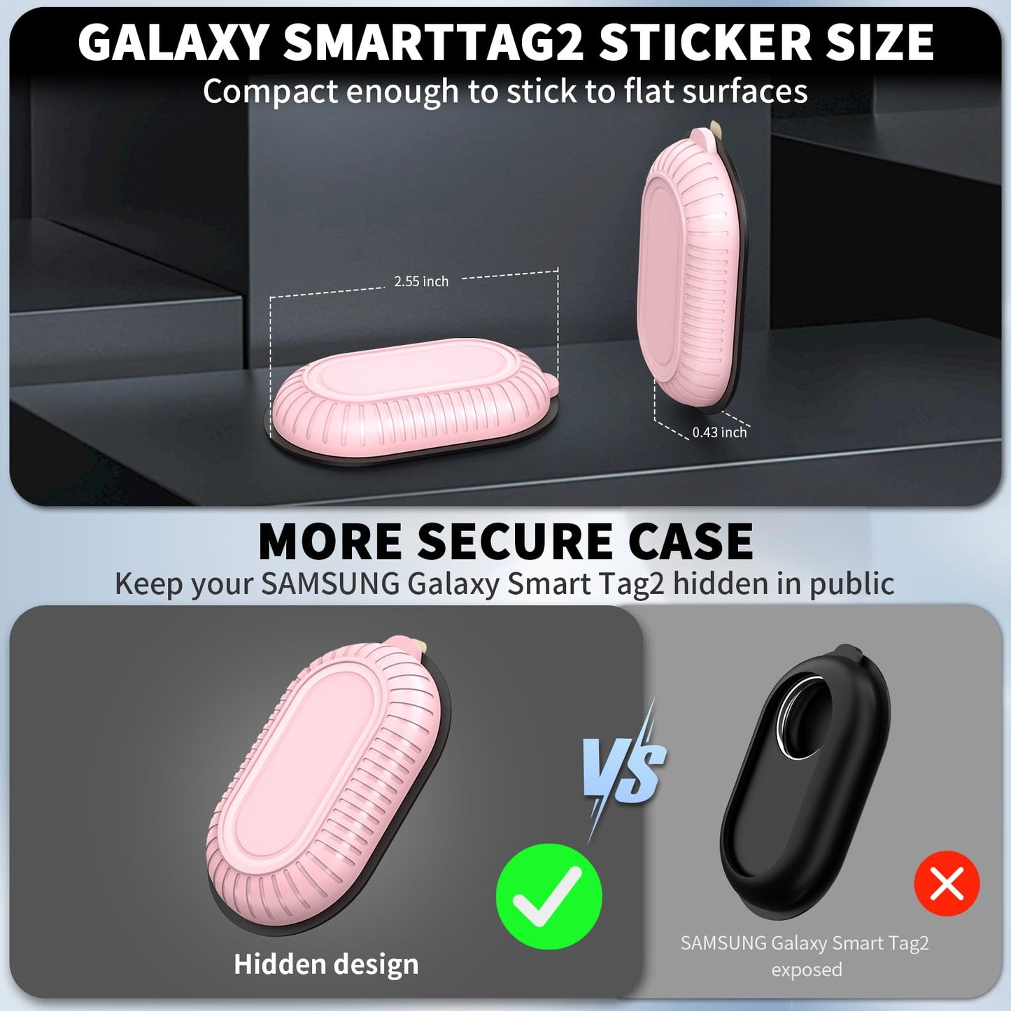 2 Pack Adhesive Case for Samsung Galaxy SmartTag2 with 3M Adhesive Sticker Hidden Full Protective Silicone Case Anti-Lost Scratch Resistant Protective Cover for Smart tag 2 Tracker (Black+Black)