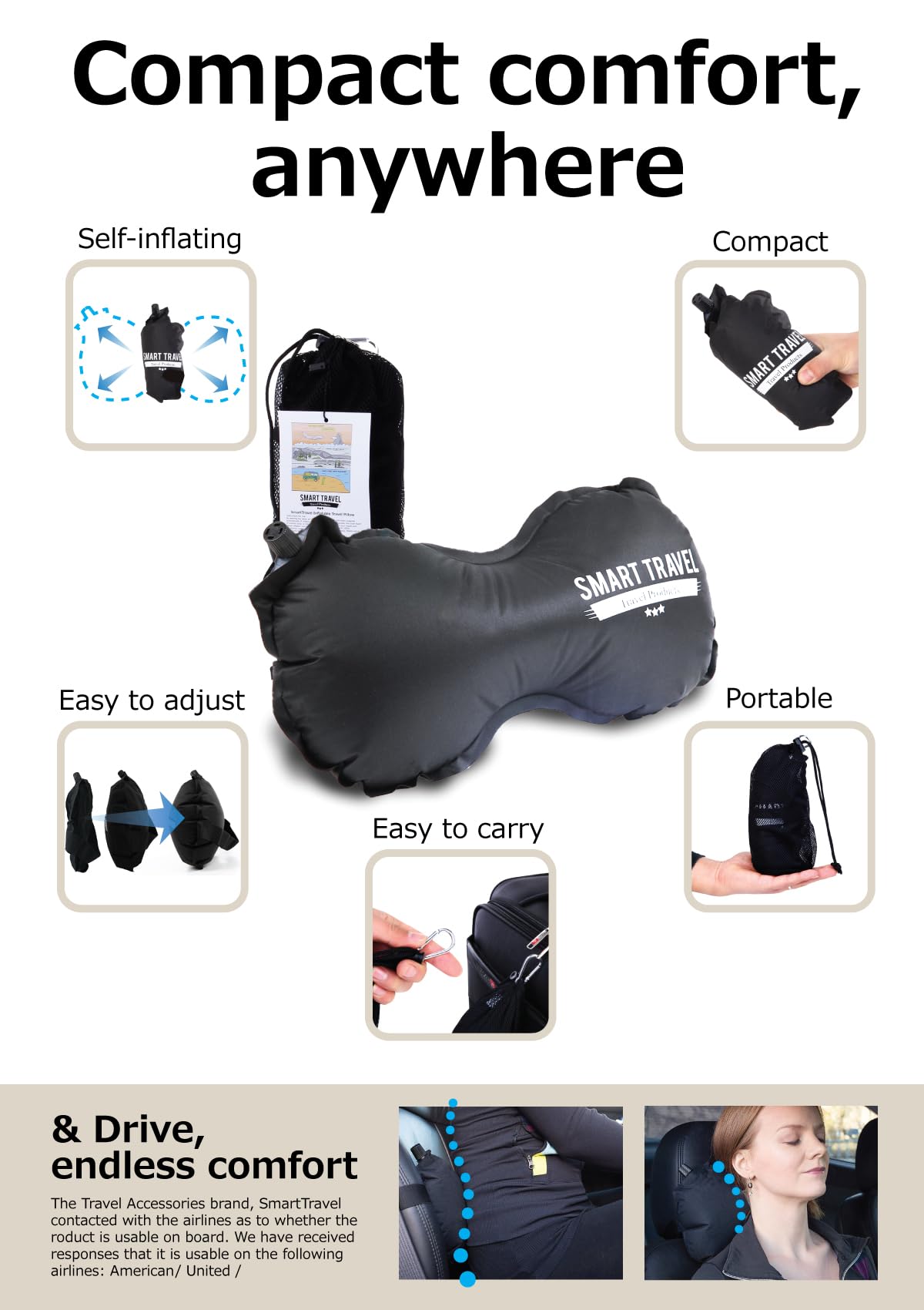 Smart Travel Travel Products Lumbar Pillow Inflatable Lumbar Support Pillow Travel Pillows for Airplane Long Flight Essential for Women Men Kids