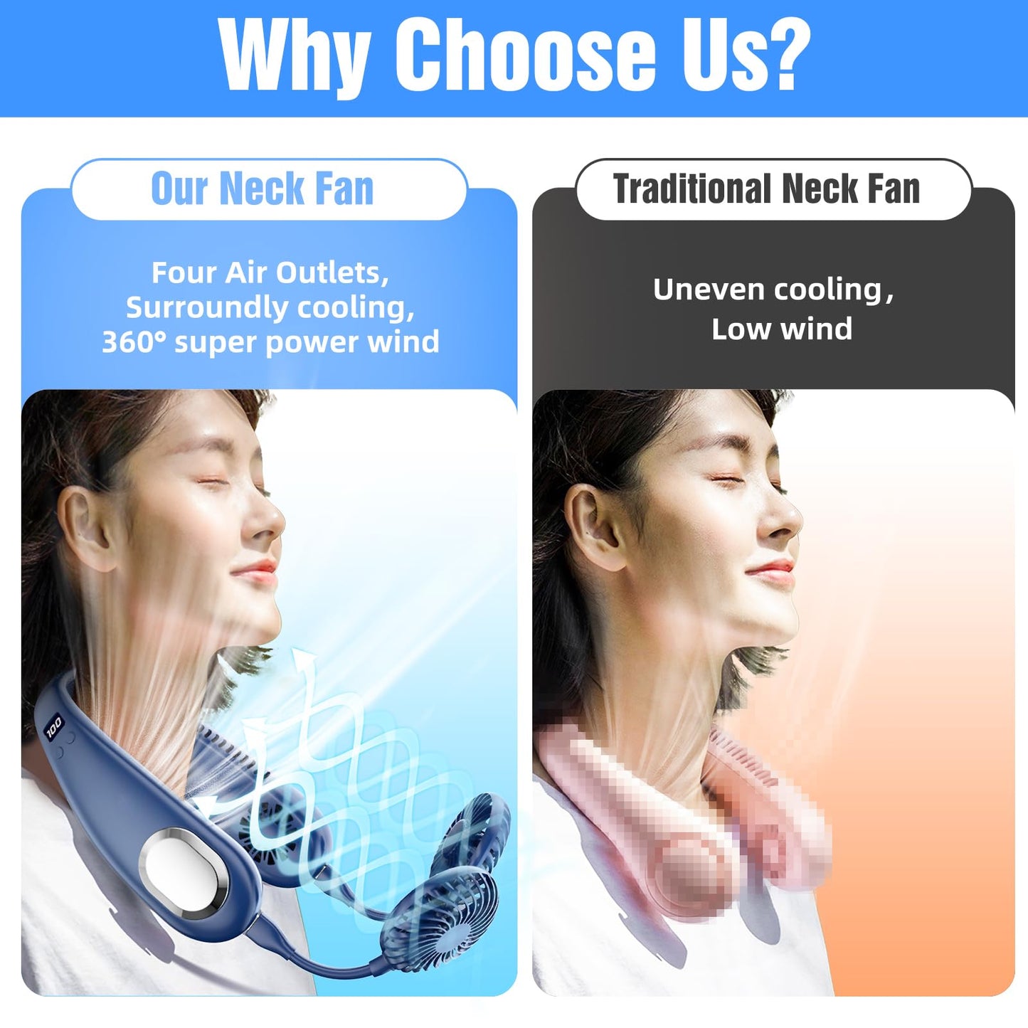 Portable Neck Fan, 9000mAh Hand Free Neck Fan, Neck Fan Air Conditioner, Bladeless Cooling Personal Neck Fan with 4 Air Outlet 3 speed for Travel, Camping, Yard Work, White