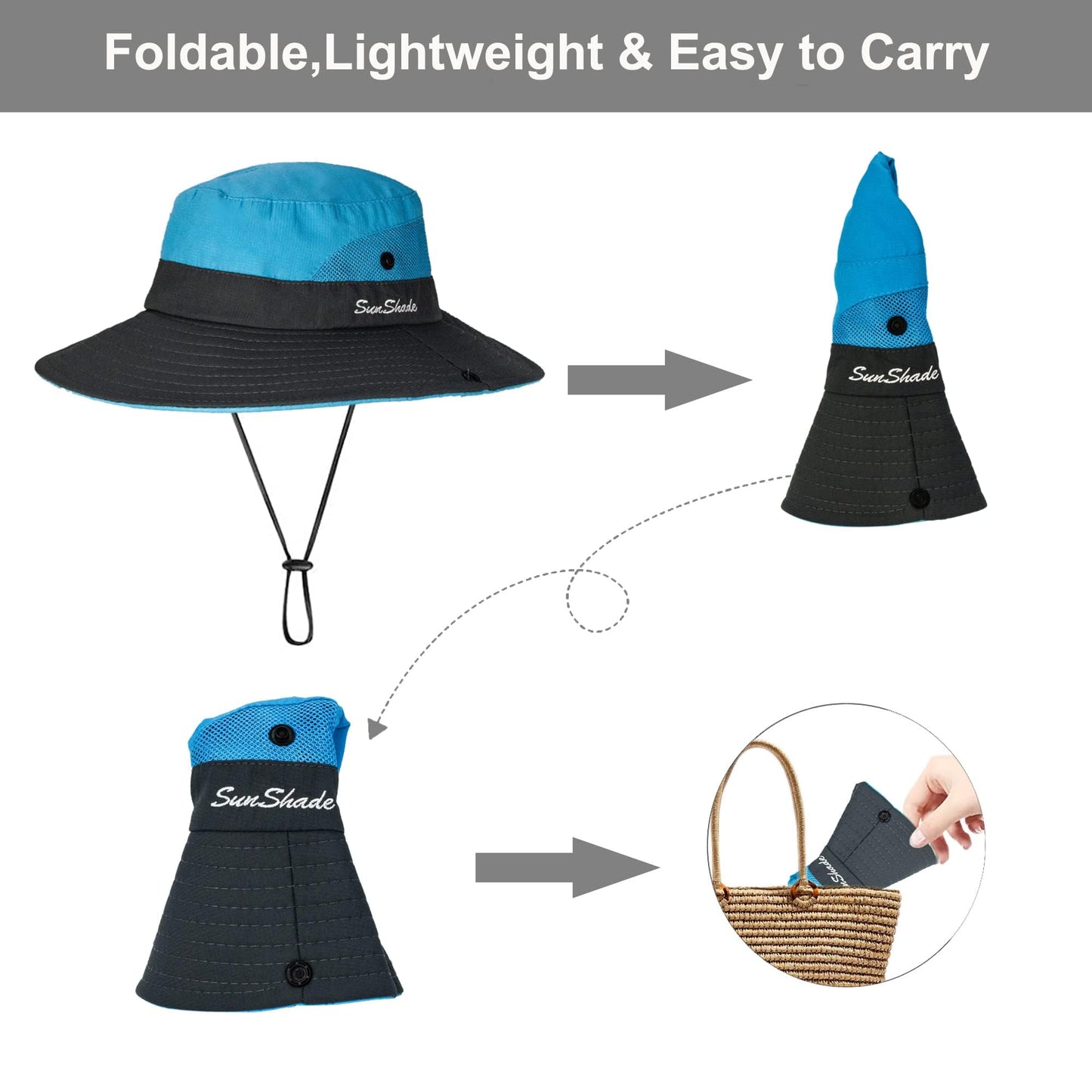 Women's Outdoor UV-Protection-Foldable Sun-Hats Mesh Wide-Brim Beach Fishing Hat with Ponytail-Hole