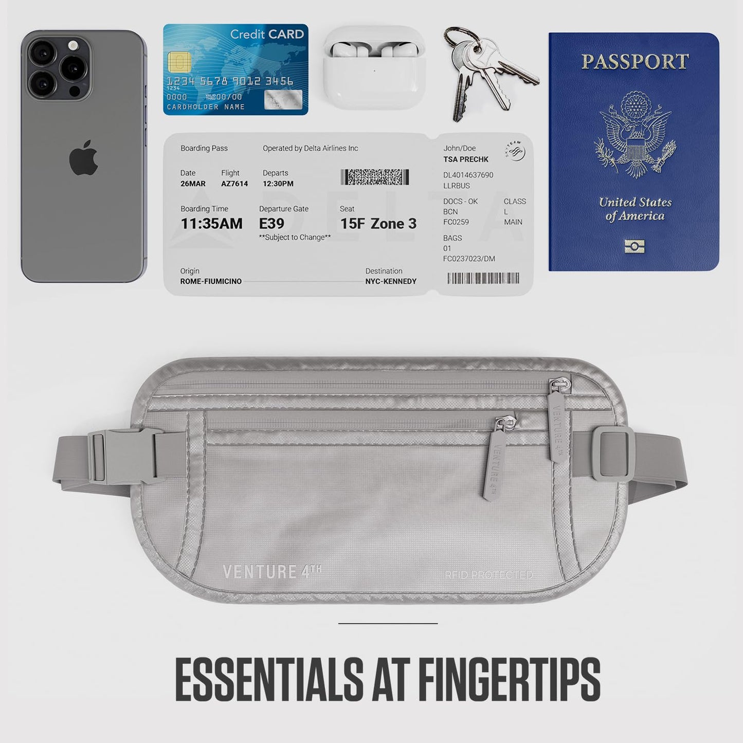 VENTURE 4TH Travel Money Belt - RFID Blocking (Gray)