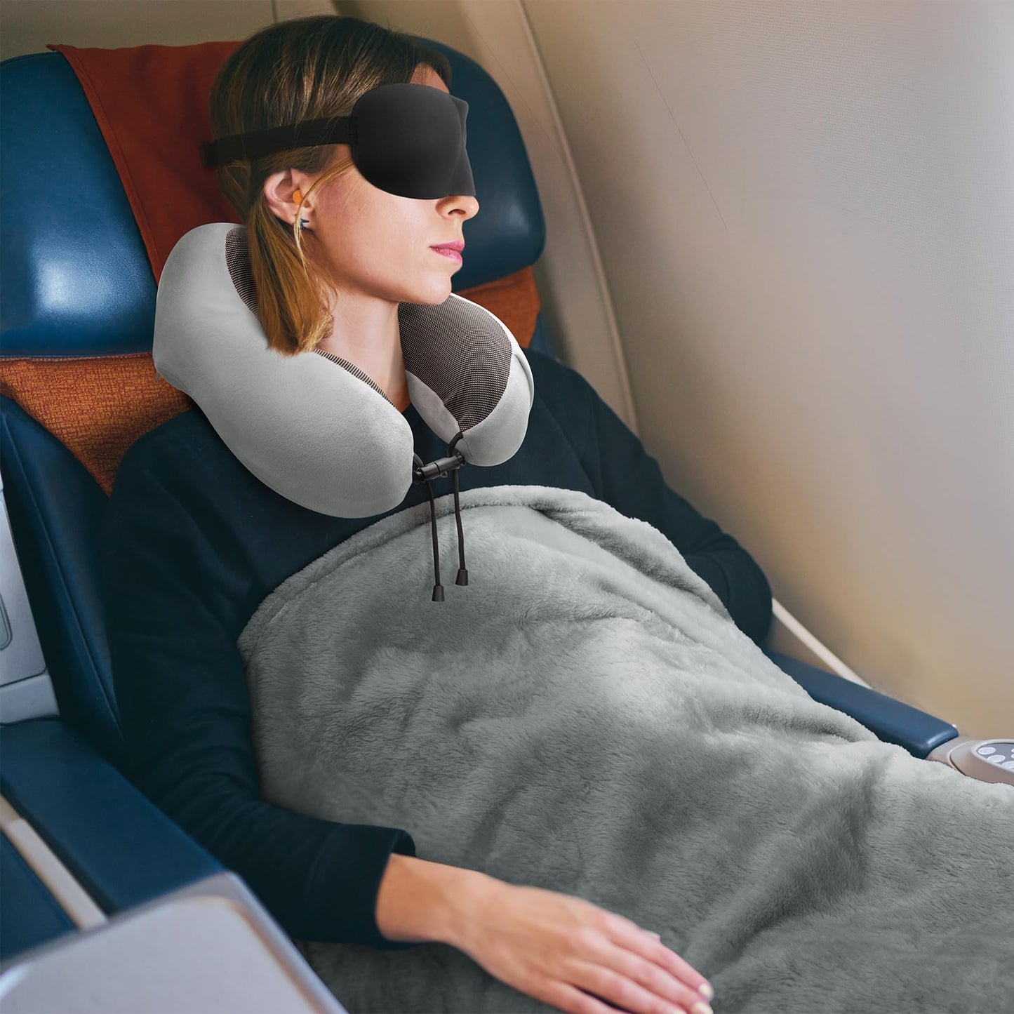 Travel Pillow and Blanket Set Neck Pillows Travel Essentials with Sleep Mask for Airplane Car Memory Foam Pink