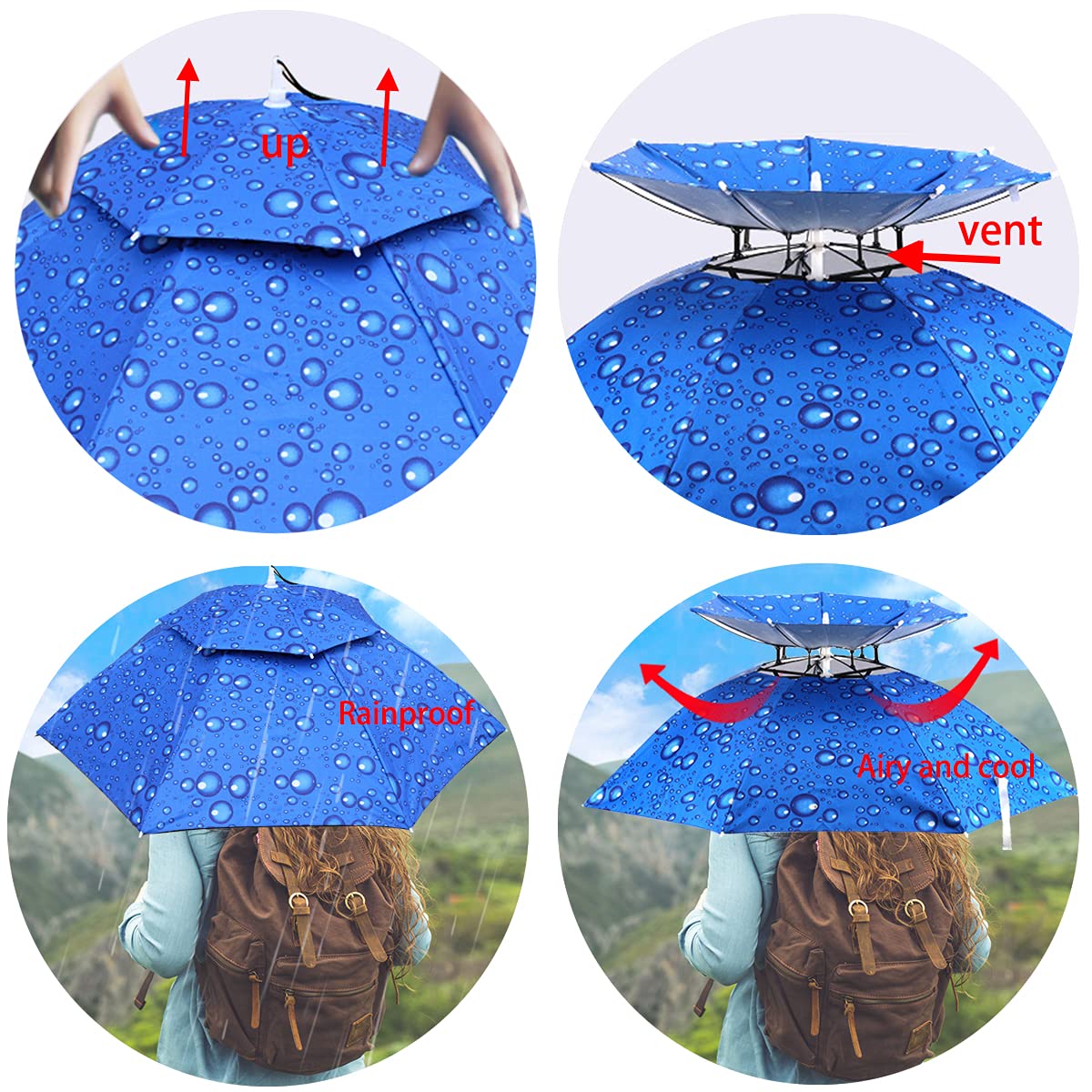 Umbrella Hat, 37 inch Fishing Umbrella Hat Hands Free Foldable UV Protection Umbrella Cap Adjustable Headwear for Fishing Golf Camping Beach Gardening Sunshade Outdoor
