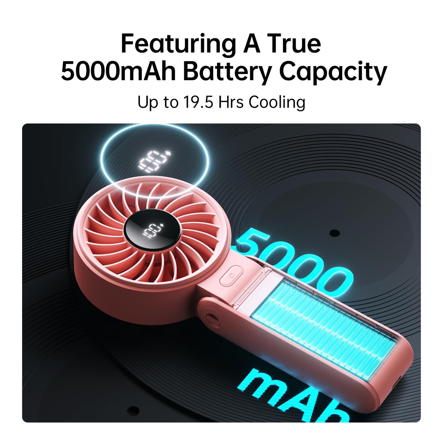 JISULIFE Handheld Fan Life7 – Ultimate Flexibility: High-Power Motor, LED Display, 19.5 Hrs Cooling, 5000mAh Rechargeable, 5-Speed, Foldable Design, 3-IN-1 Portable Fan for Travel Cruise Beach(Black)