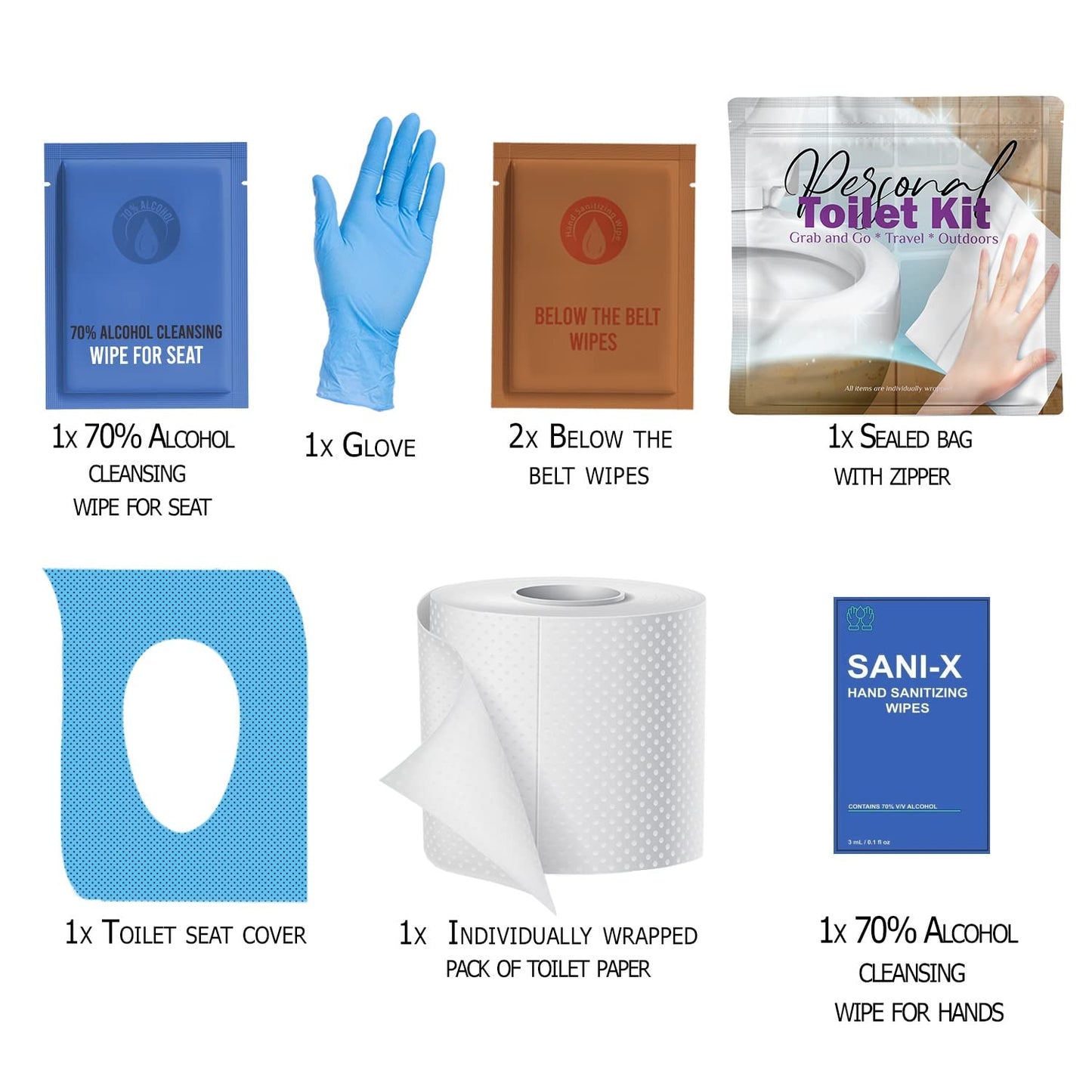 Personal Toilet Kit To Go – 10 Pack | Disposable Public Restroom Kit | Individually Wrapped for Toilet Protection Kit | Toilet Paper, Toilet Seat Cover, Butt Wipes, Cleansing Wipes (White)