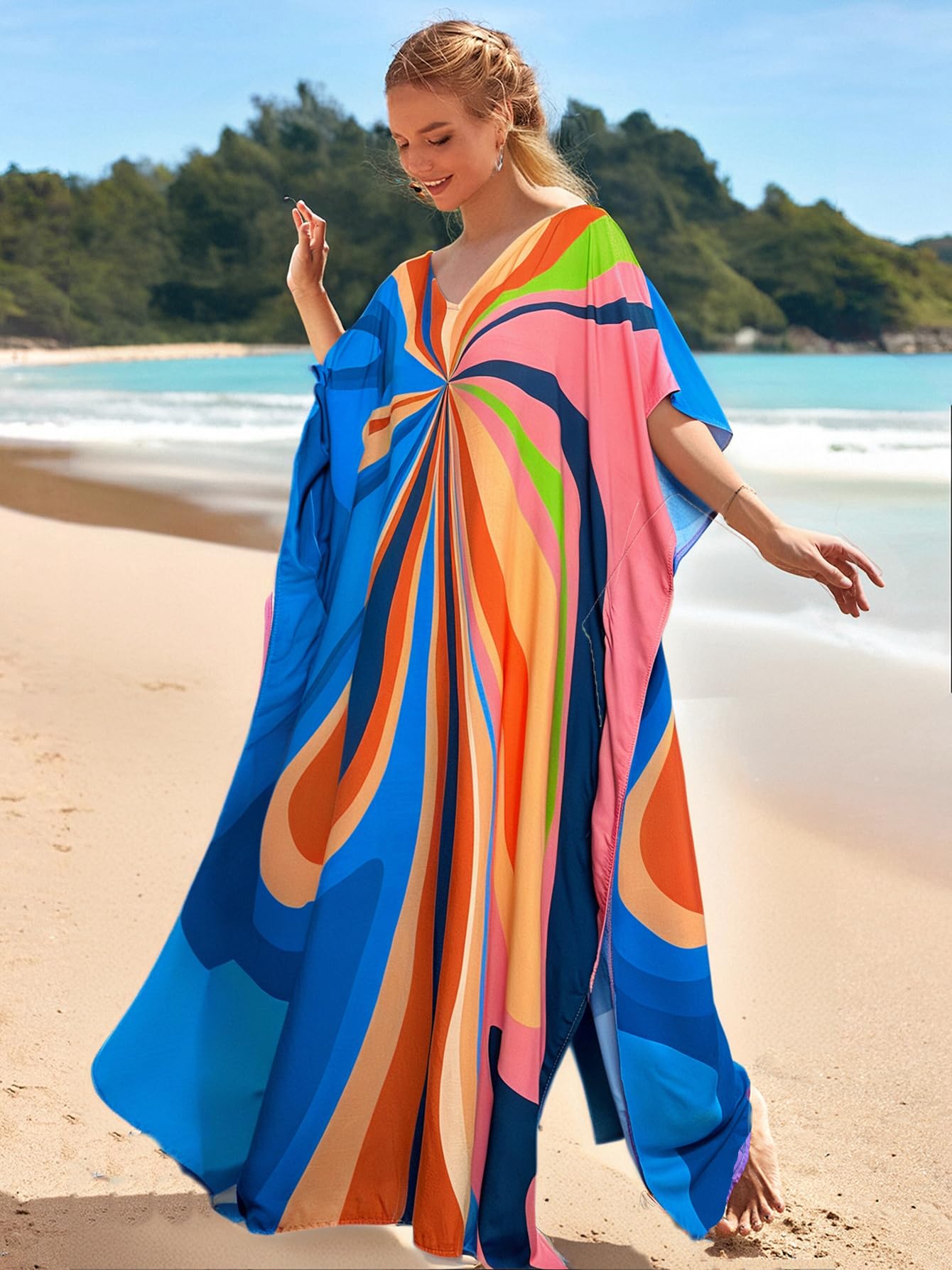 RanRui Floral Print Kaftan Dresses for Women Ethnic Boho Print Swim Cover up Batwing Sleeve Vneck Caftans