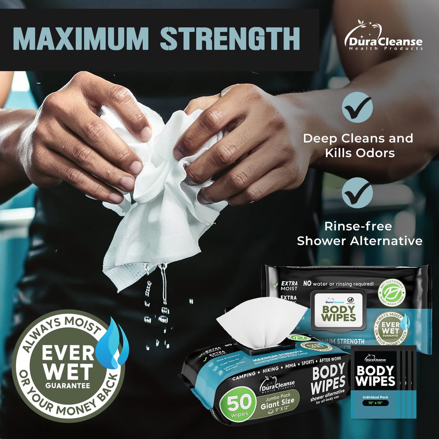 Body Wipes for Adults Bathing No Rinse - 20 Count Travel Shower Wipes - 9" x 12" Individually Wrapped Thick Cleansing Waterless Wash Scrubs - Disposable Washcloths for Camping & Elderly Incontinence