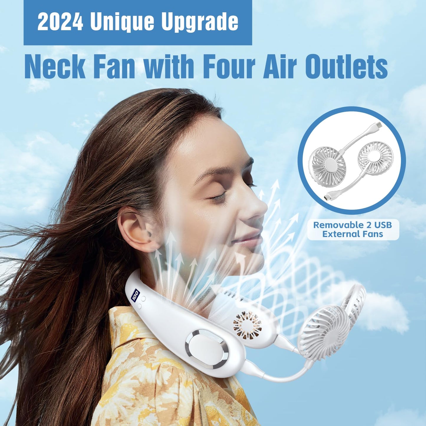 Portable Neck Fan, 9000mAh Hand Free Neck Fan, Neck Fan Air Conditioner, Bladeless Cooling Personal Neck Fan with 4 Air Outlet 3 speed for Travel, Camping, Yard Work, White