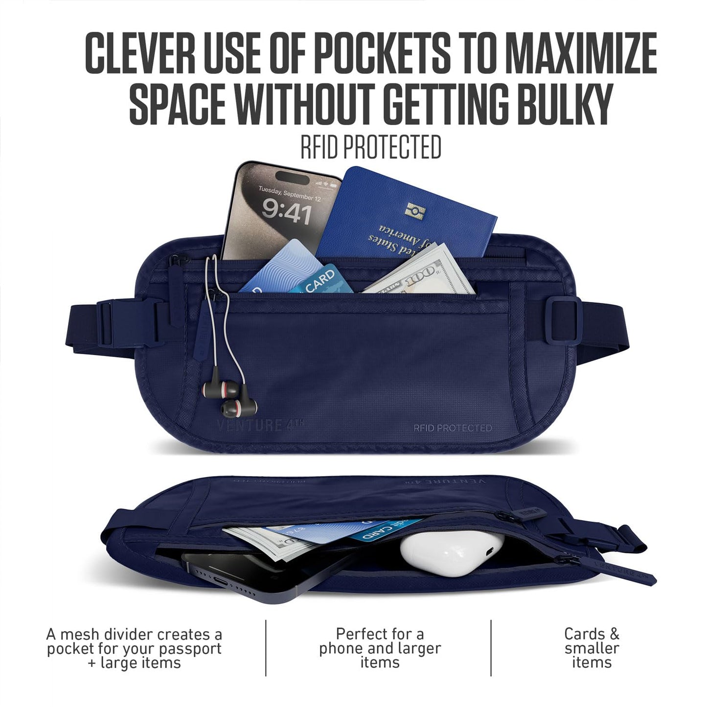 VENTURE 4TH Travel Money Belt - RFID Blocking (Gray)