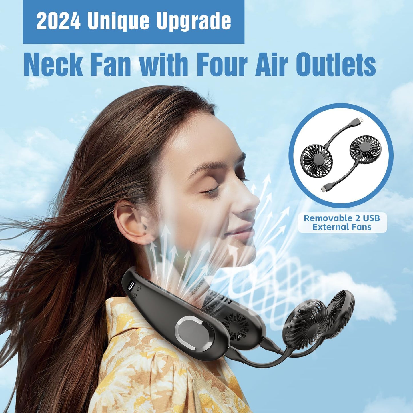 Portable Neck Fan, 9000mAh Hand Free Neck Fan, Neck Fan Air Conditioner, Bladeless Cooling Personal Neck Fan with 4 Air Outlet 3 speed for Travel, Camping, Yard Work, White