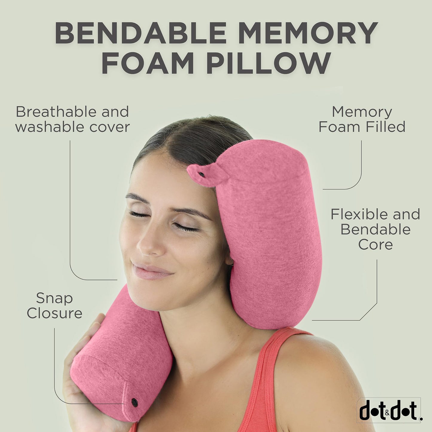 Dot&Dot Twist Memory Foam Travel Pillow for Airplanes - Travel Neck Pillow for Sleeping - Airplane Pillow for Neck Support, Chin, Lumbar and Leg - Adjustable, Bendable Neck Roll Pillow