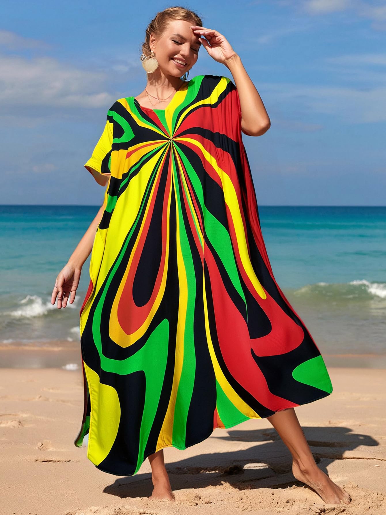 RanRui Floral Print Kaftan Dresses for Women Ethnic Boho Print Swim Cover up Batwing Sleeve Vneck Caftans