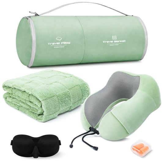 Travel Pillow and Blanket Set Neck Pillows Travel Essentials with Sleep Mask for Airplane Car Memory Foam Pink