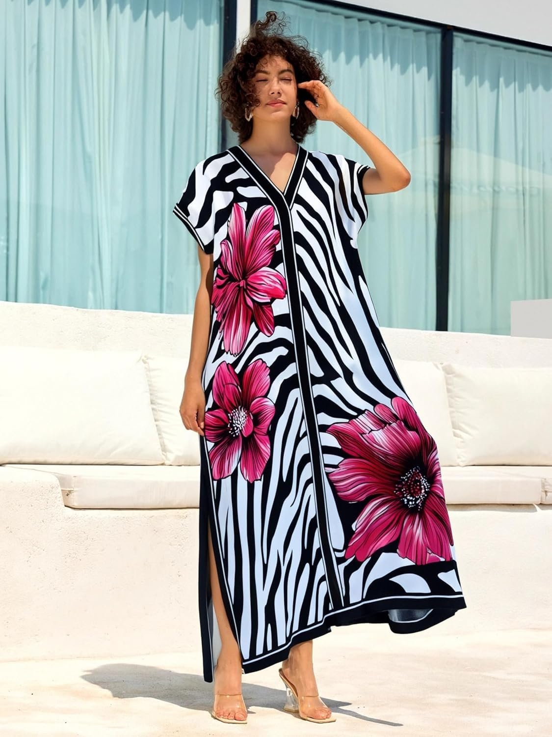 RanRui Floral Print Kaftan Dresses for Women Ethnic Boho Print Swim Cover up Batwing Sleeve Vneck Caftans
