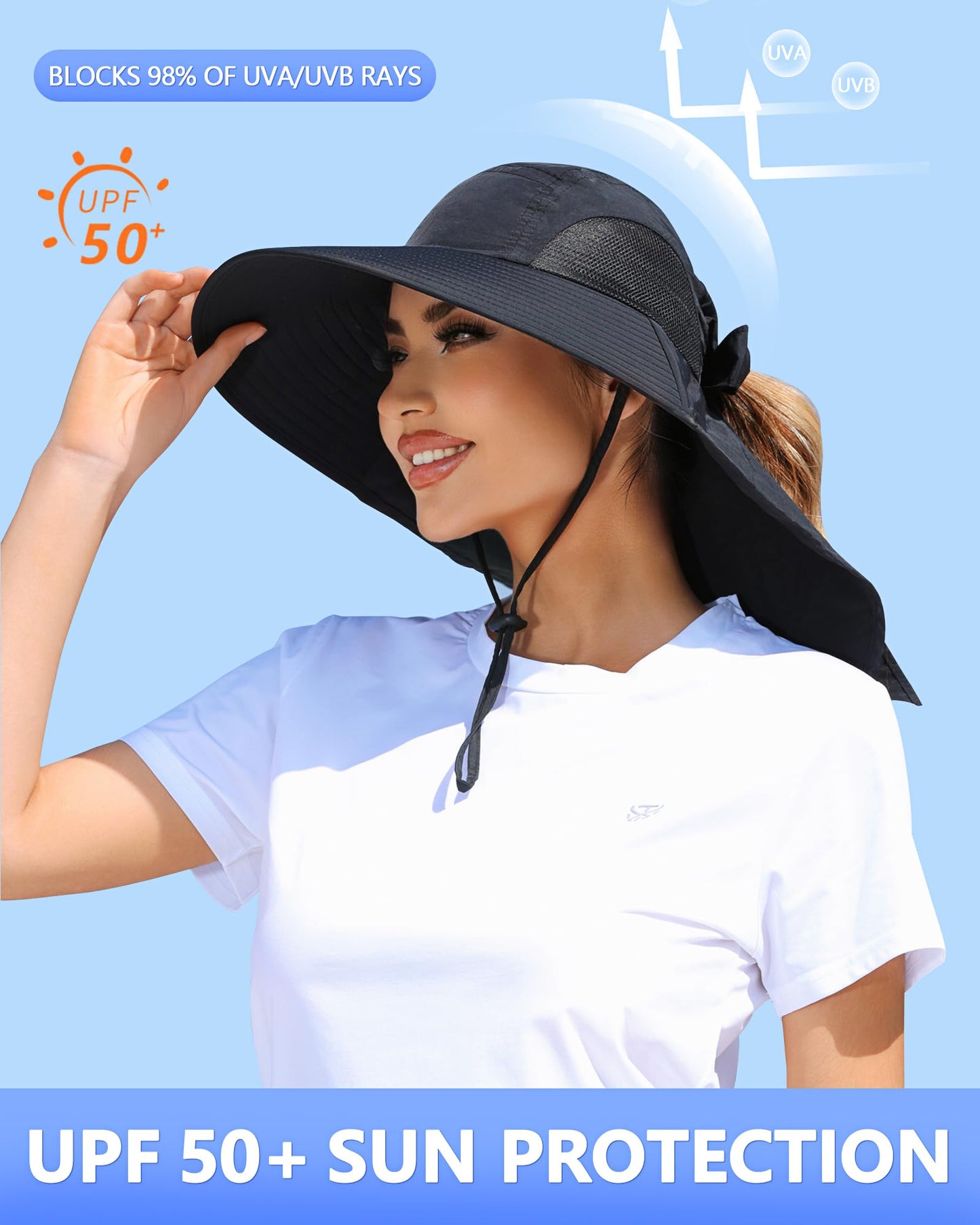 Womens Sun Hat Outdoor UV Protection Wide Brim Fishing Hat with Ponytail Hole Neck Flap for Beach Hiking Camping