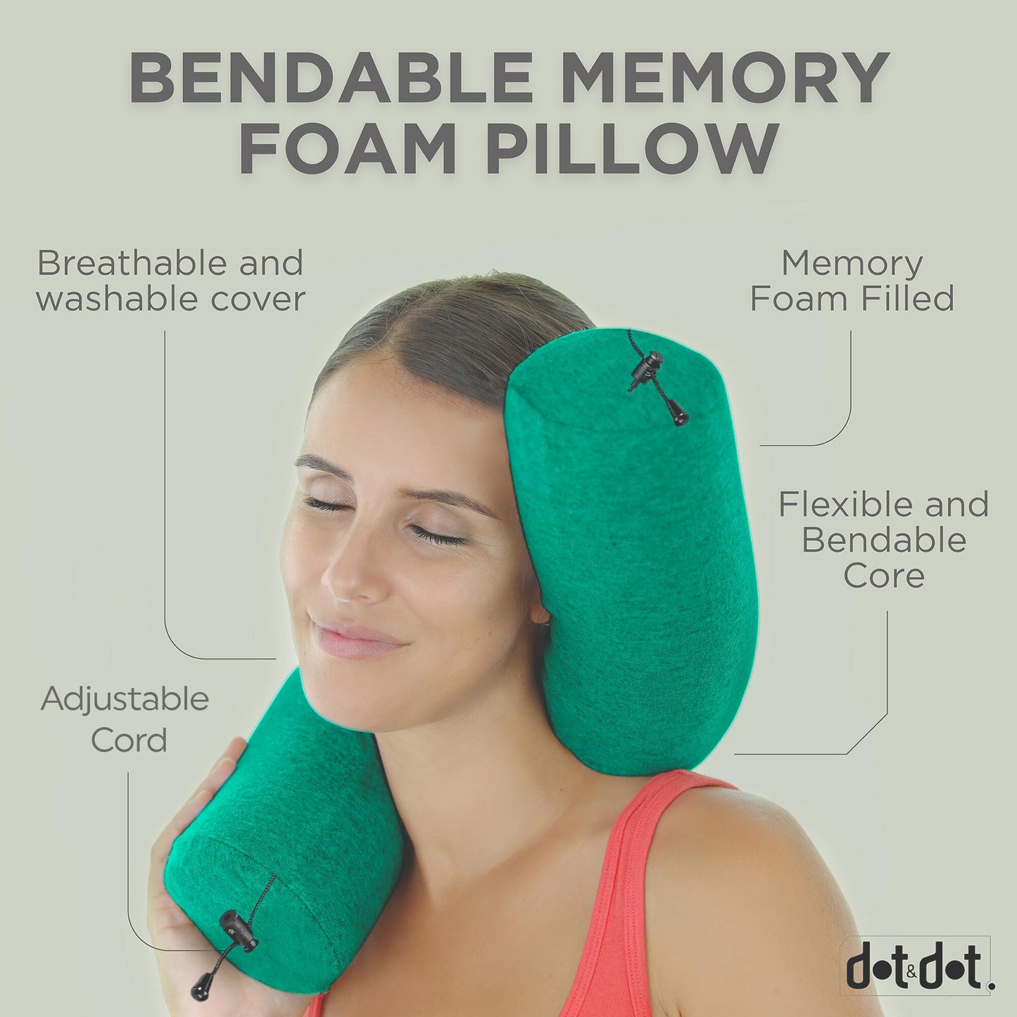 Dot&Dot Twist Memory Foam Travel Pillow for Airplanes - Travel Neck Pillow for Sleeping - Airplane Pillow for Neck Support, Chin, Lumbar and Leg - Adjustable, Bendable Neck Roll Pillow