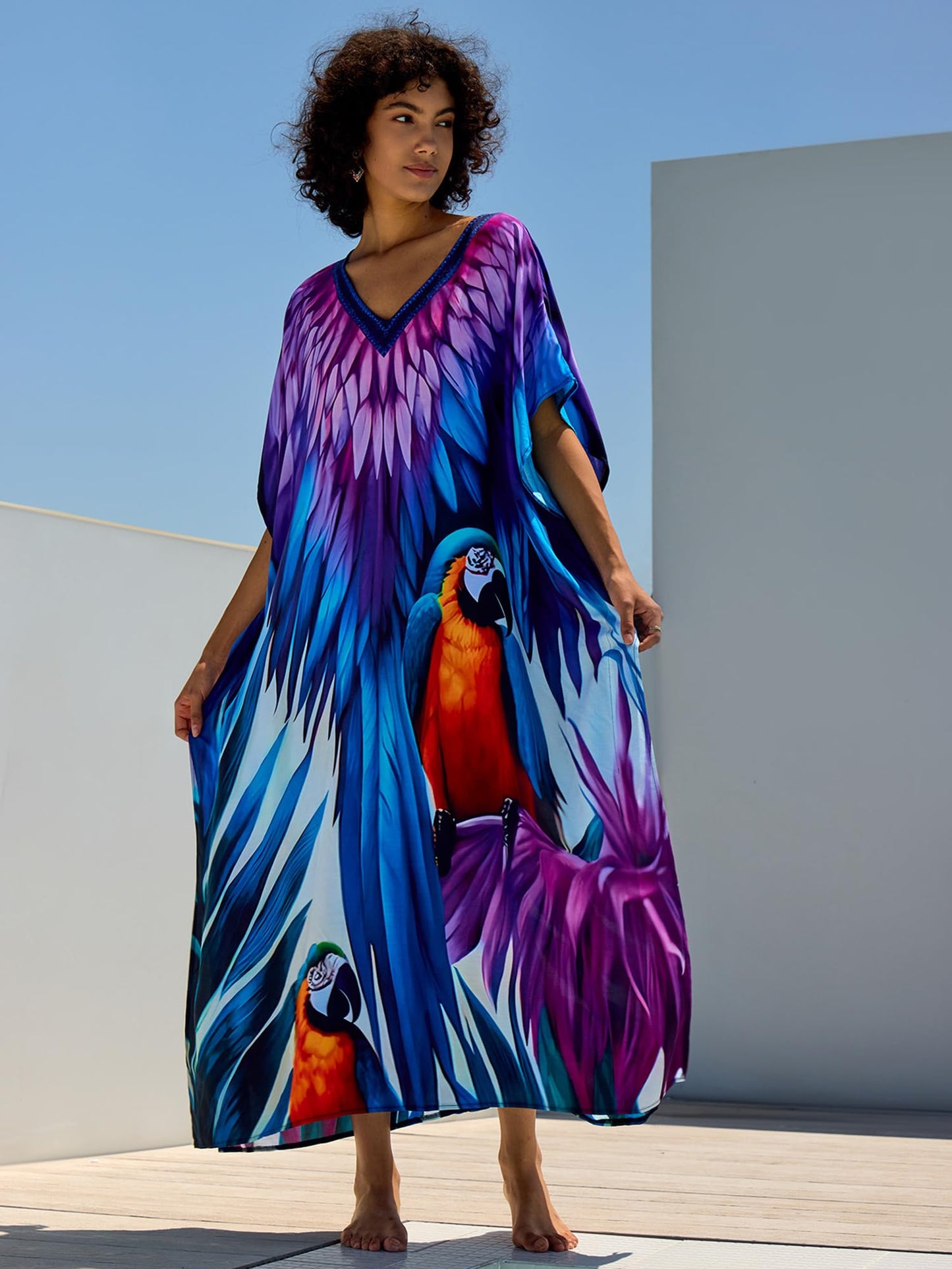 Chunoy Women V Neck Kaftan Casual Bathing Suit Kimono Sleeve Side Split Beach Cover Up Caftan Dress