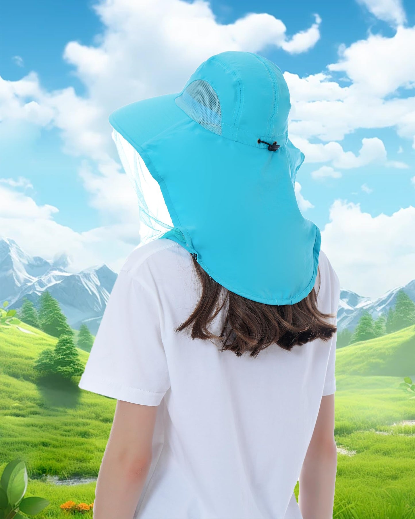 Womens Sun Hat Outdoor UV Protection Wide Brim Fishing Hat with Ponytail Hole Neck Flap for Beach Hiking Camping