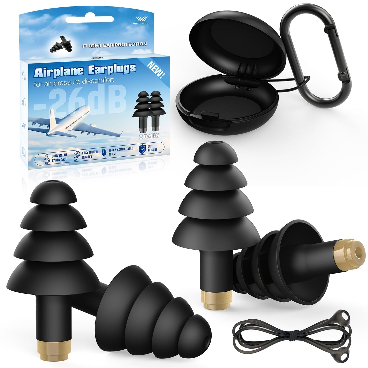 Ear Plugs for Airplane Pressure Relief, 2 Pairs Adults Soft Silicone Reusable Airplane Earplugs 26dB, with Silicone Connector Cord, Travel Essentials for Flying, Ear Protection Earplugs for Plane