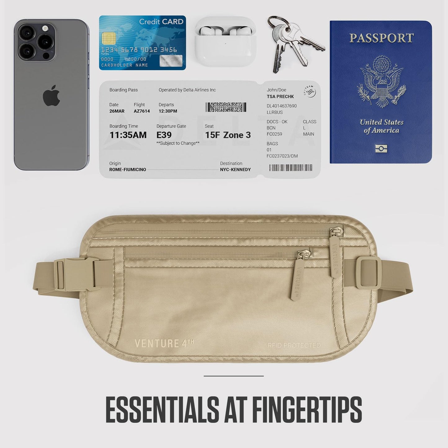 VENTURE 4TH Travel Money Belt - RFID Blocking (Gray)
