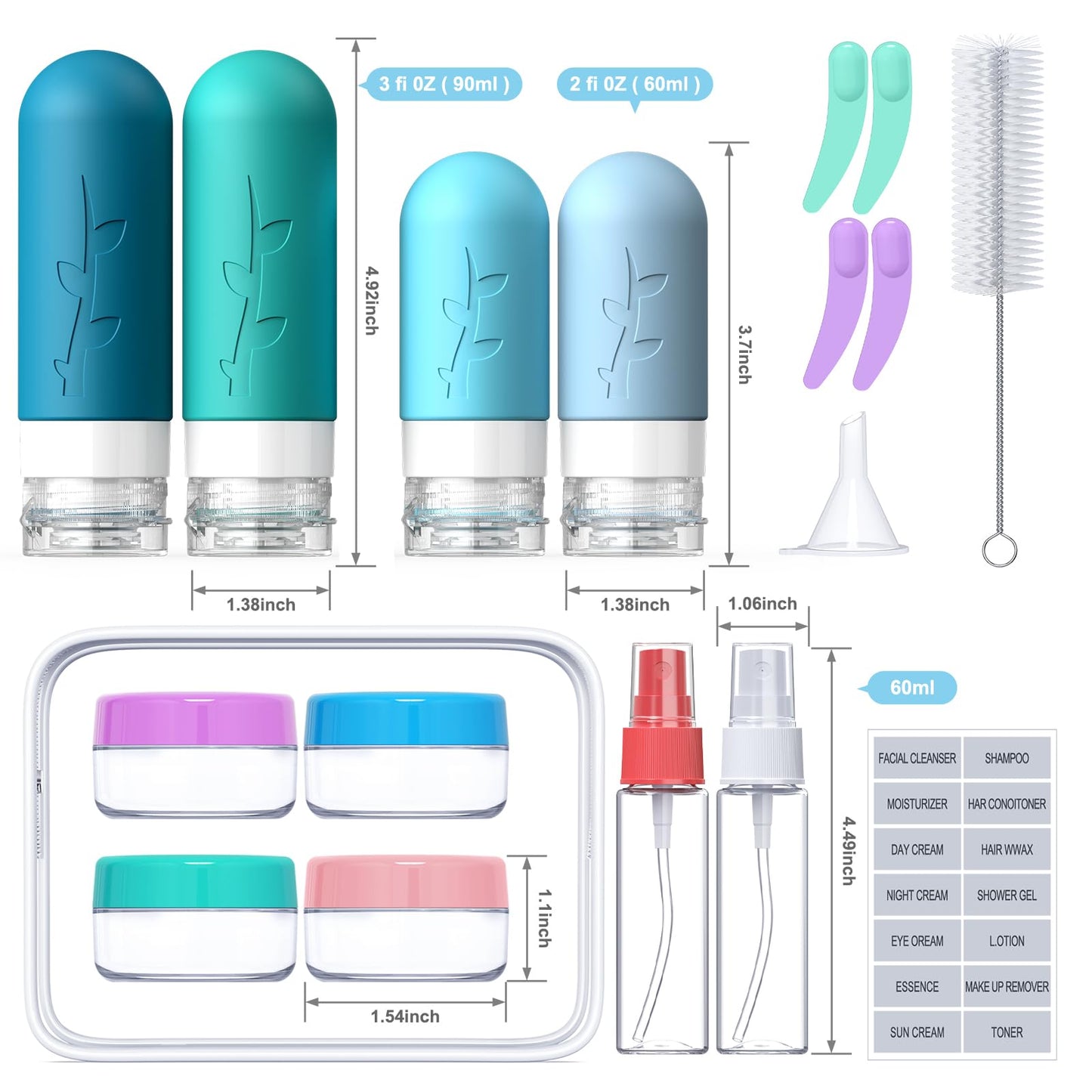 18pack Travel Bottles for Toiletries,TSA Approved Silicone Travel Containers jar for Toiletries,Leak Proof Refillable Liqus Shampoo And Conditioner Travel Essentials toiletry Bottles