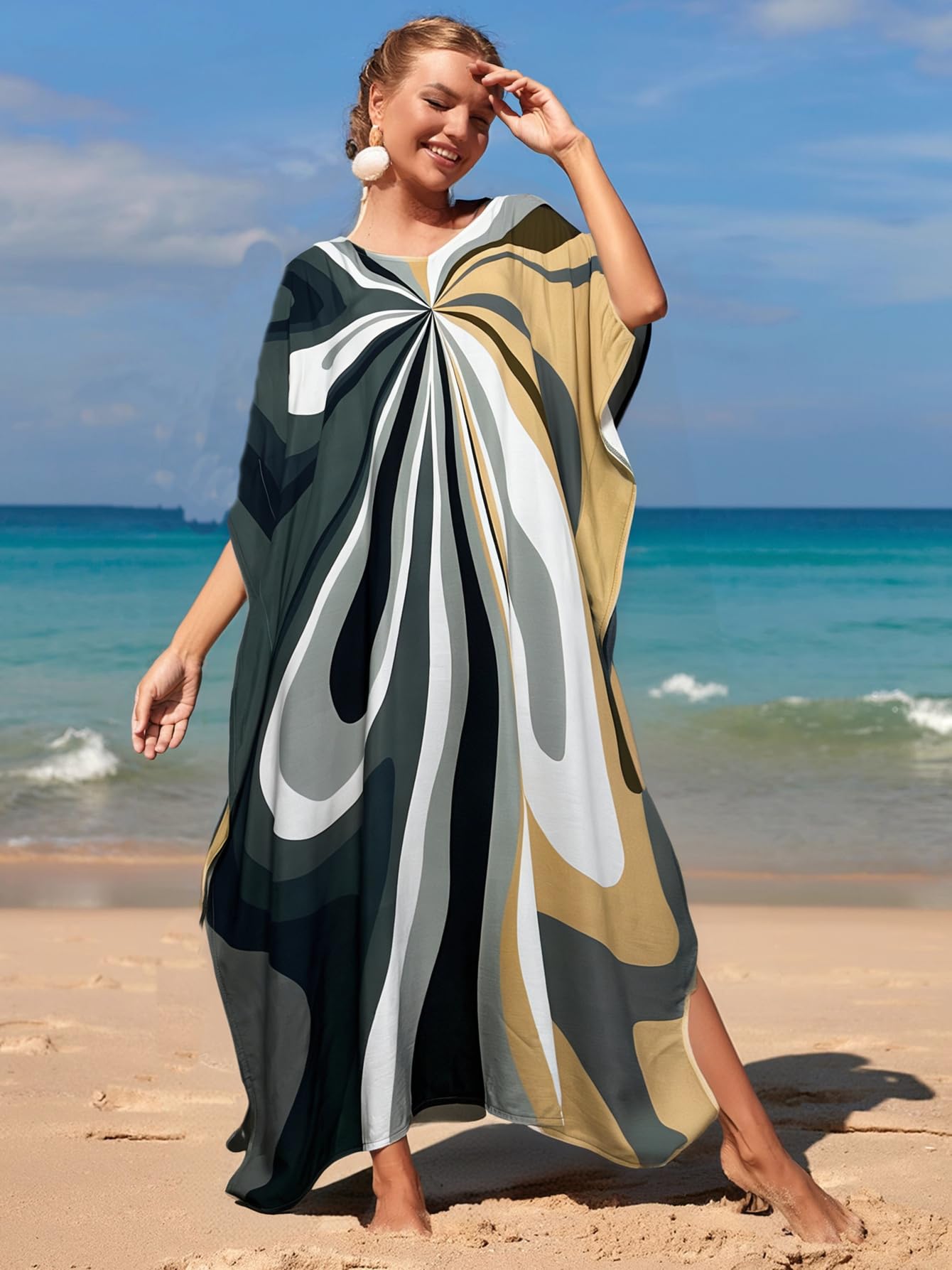 RanRui Floral Print Kaftan Dresses for Women Ethnic Boho Print Swim Cover up Batwing Sleeve Vneck Caftans