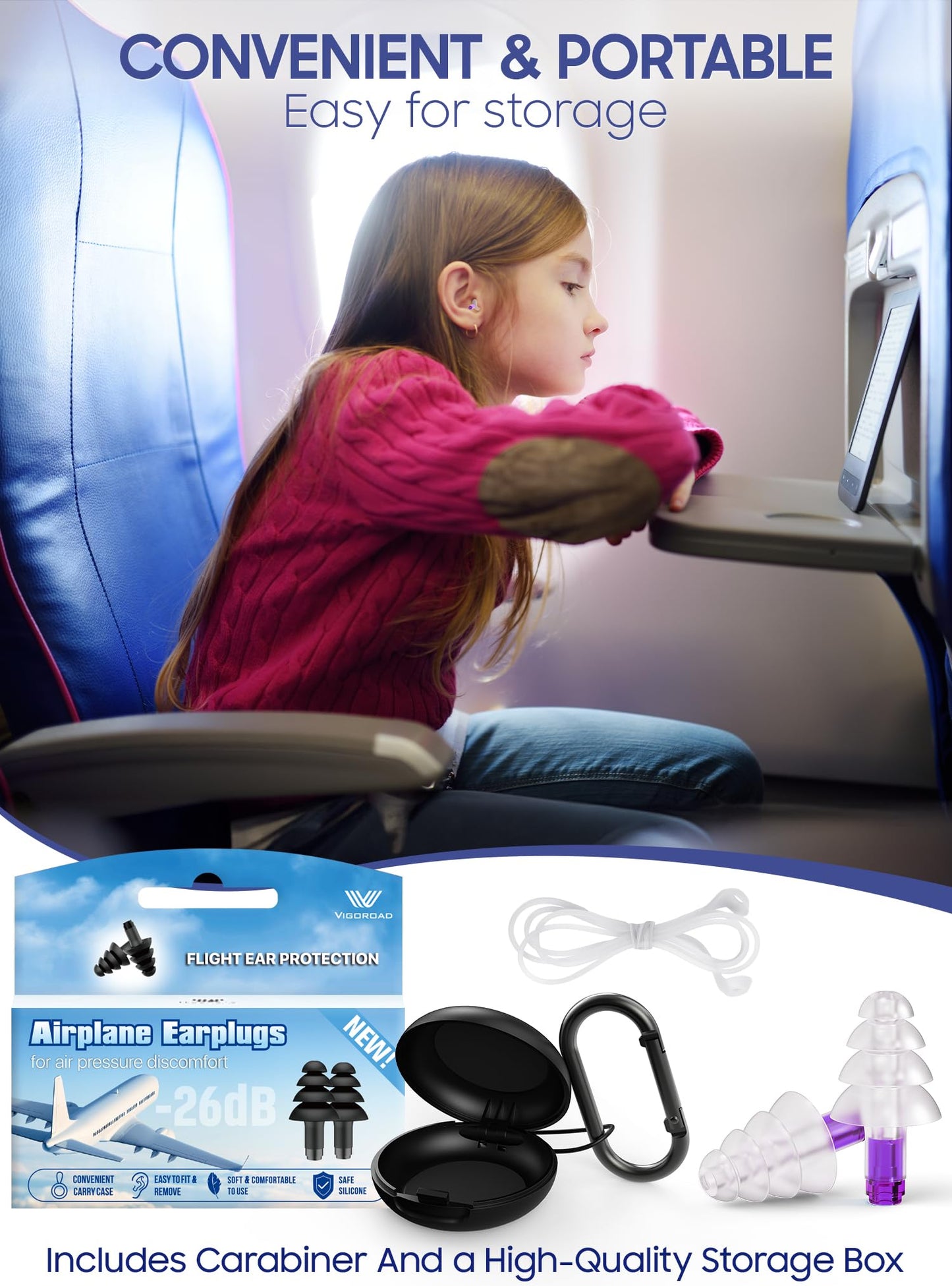 Ear Plugs for Airplane Pressure Relief, 2 Pairs Adults Soft Silicone Reusable Airplane Earplugs 26dB, with Silicone Connector Cord, Travel Essentials for Flying, Ear Protection Earplugs for Plane