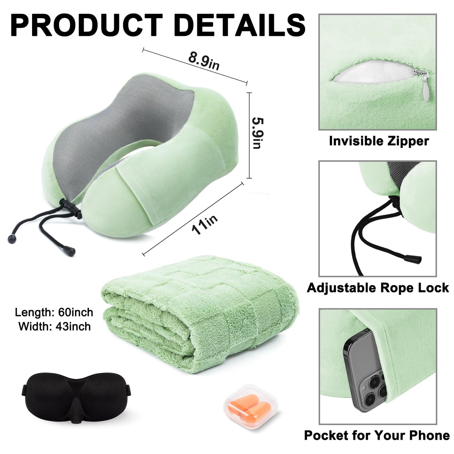 Travel Pillow and Blanket Set Neck Pillows Travel Essentials with Sleep Mask for Airplane Car Memory Foam Pink