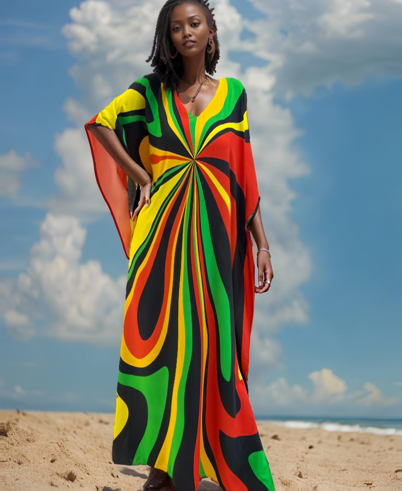 RanRui Floral Print Kaftan Dresses for Women Ethnic Boho Print Swim Cover up Batwing Sleeve Vneck Caftans