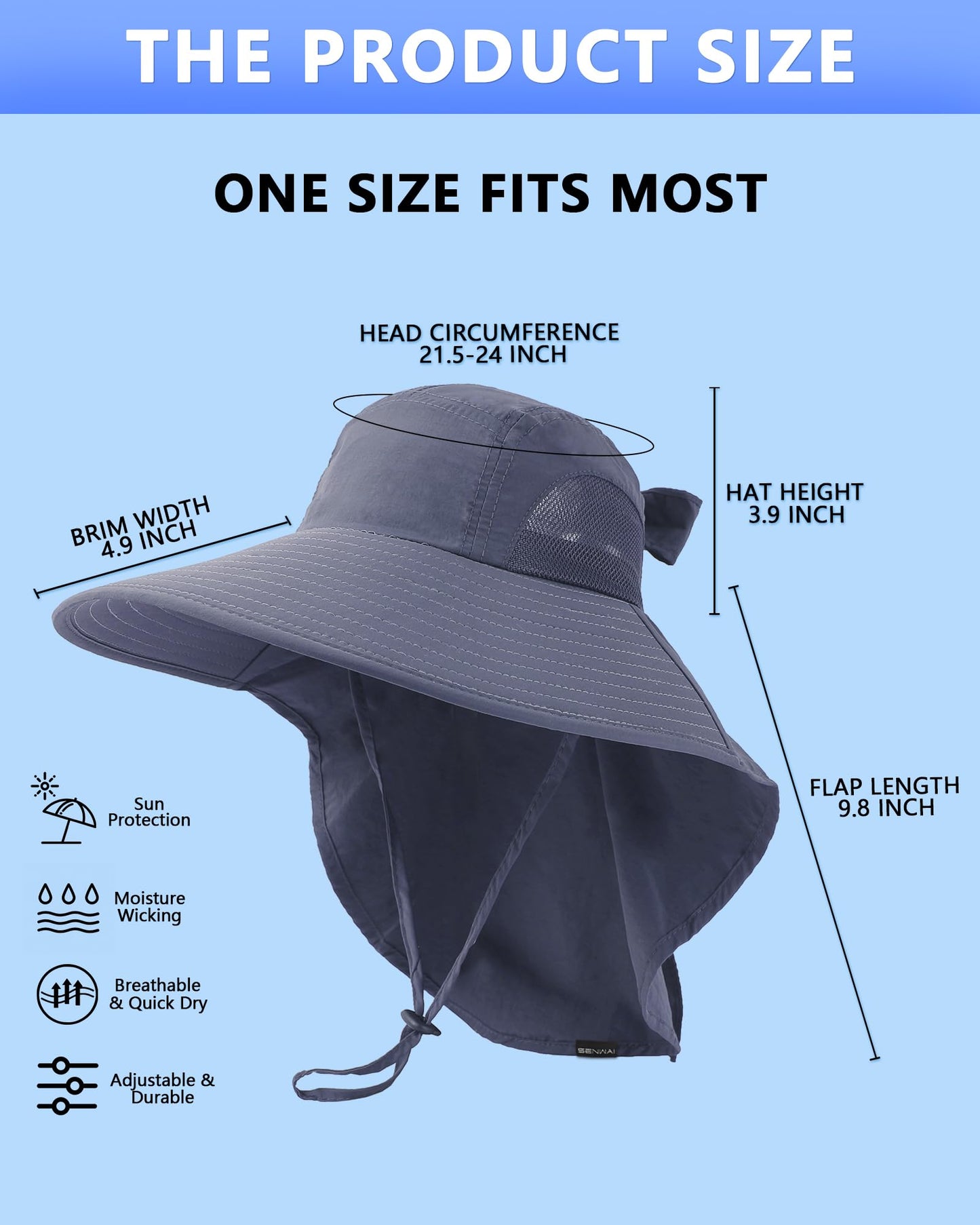 Womens Sun Hat Outdoor UV Protection Wide Brim Fishing Hat with Ponytail Hole Neck Flap for Beach Hiking Camping
