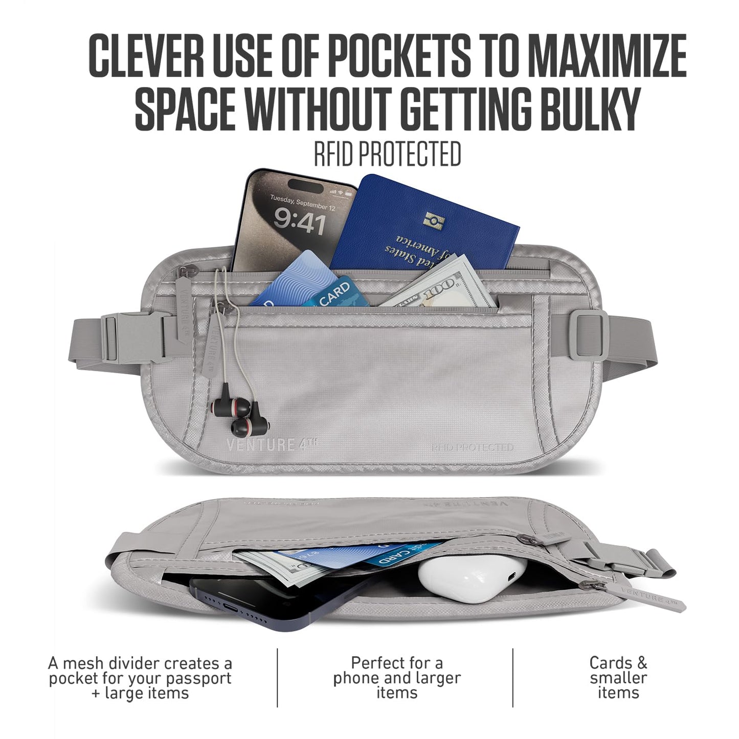 VENTURE 4TH Travel Money Belt - RFID Blocking (Gray)