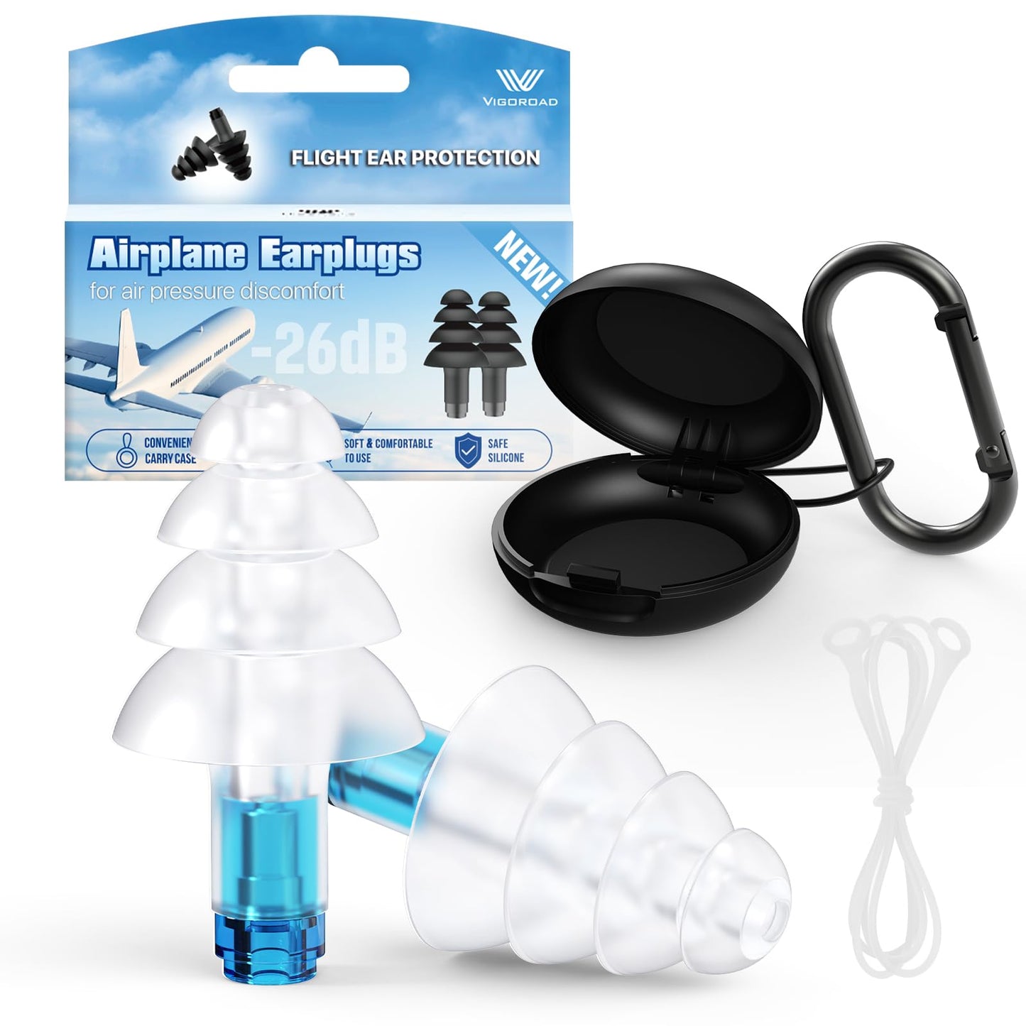 Ear Plugs for Airplane Pressure Relief, 2 Pairs Adults Soft Silicone Reusable Airplane Earplugs 26dB, with Silicone Connector Cord, Travel Essentials for Flying, Ear Protection Earplugs for Plane