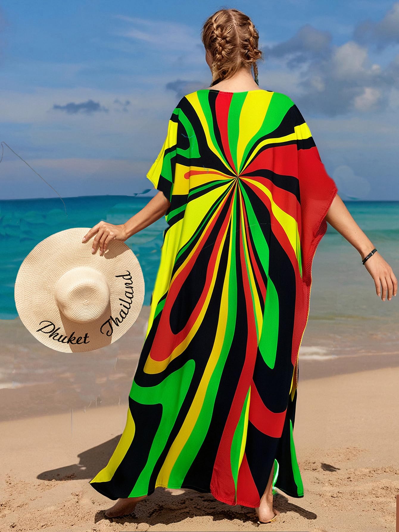 RanRui Floral Print Kaftan Dresses for Women Ethnic Boho Print Swim Cover up Batwing Sleeve Vneck Caftans