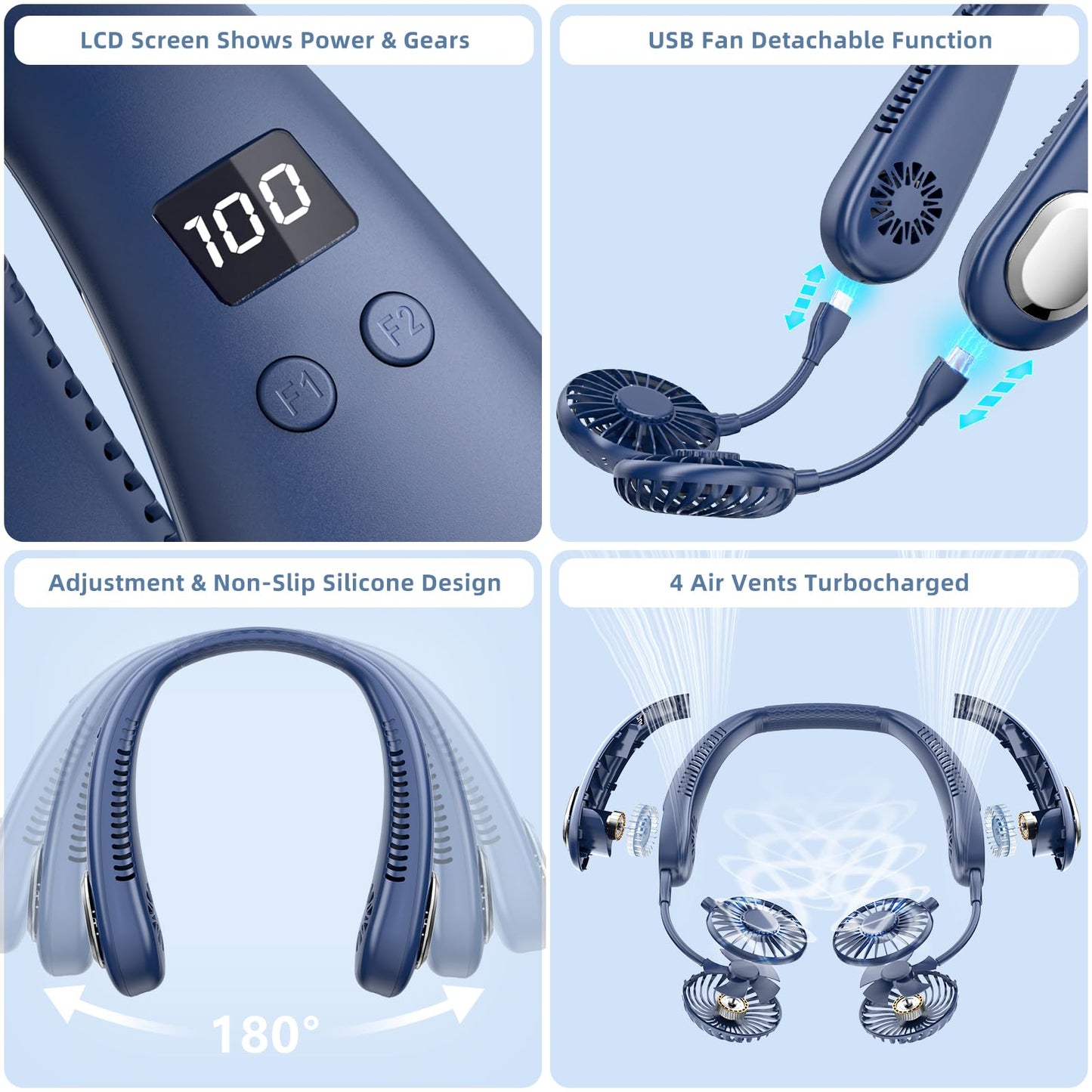 Portable Neck Fan, 9000mAh Hand Free Neck Fan, Neck Fan Air Conditioner, Bladeless Cooling Personal Neck Fan with 4 Air Outlet 3 speed for Travel, Camping, Yard Work, White