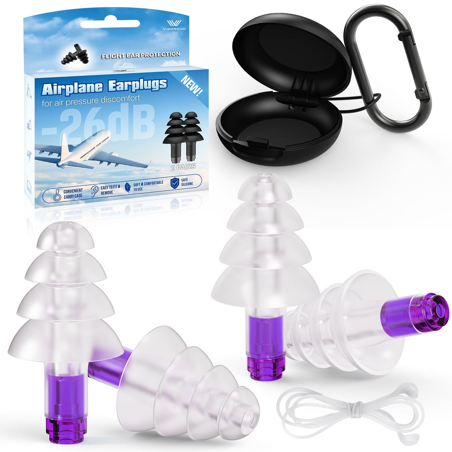 Ear Plugs for Airplane Pressure Relief, 2 Pairs Adults Soft Silicone Reusable Airplane Earplugs 26dB, with Silicone Connector Cord, Travel Essentials for Flying, Ear Protection Earplugs for Plane