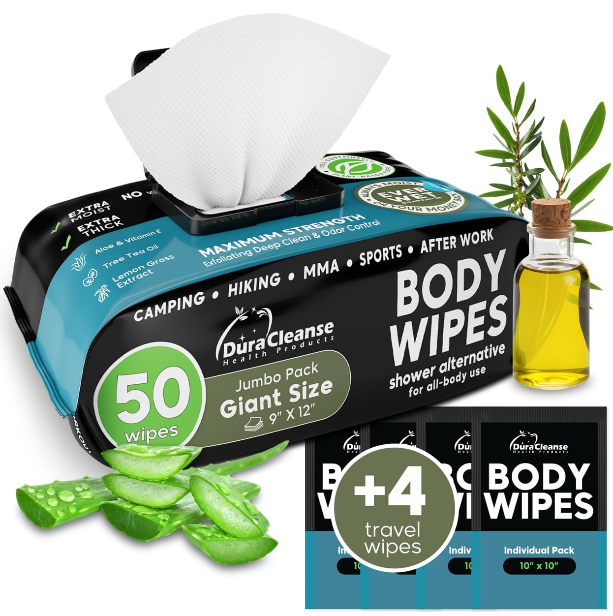 Body Wipes for Adults Bathing No Rinse - 20 Count Travel Shower Wipes - 9" x 12" Individually Wrapped Thick Cleansing Waterless Wash Scrubs - Disposable Washcloths for Camping & Elderly Incontinence