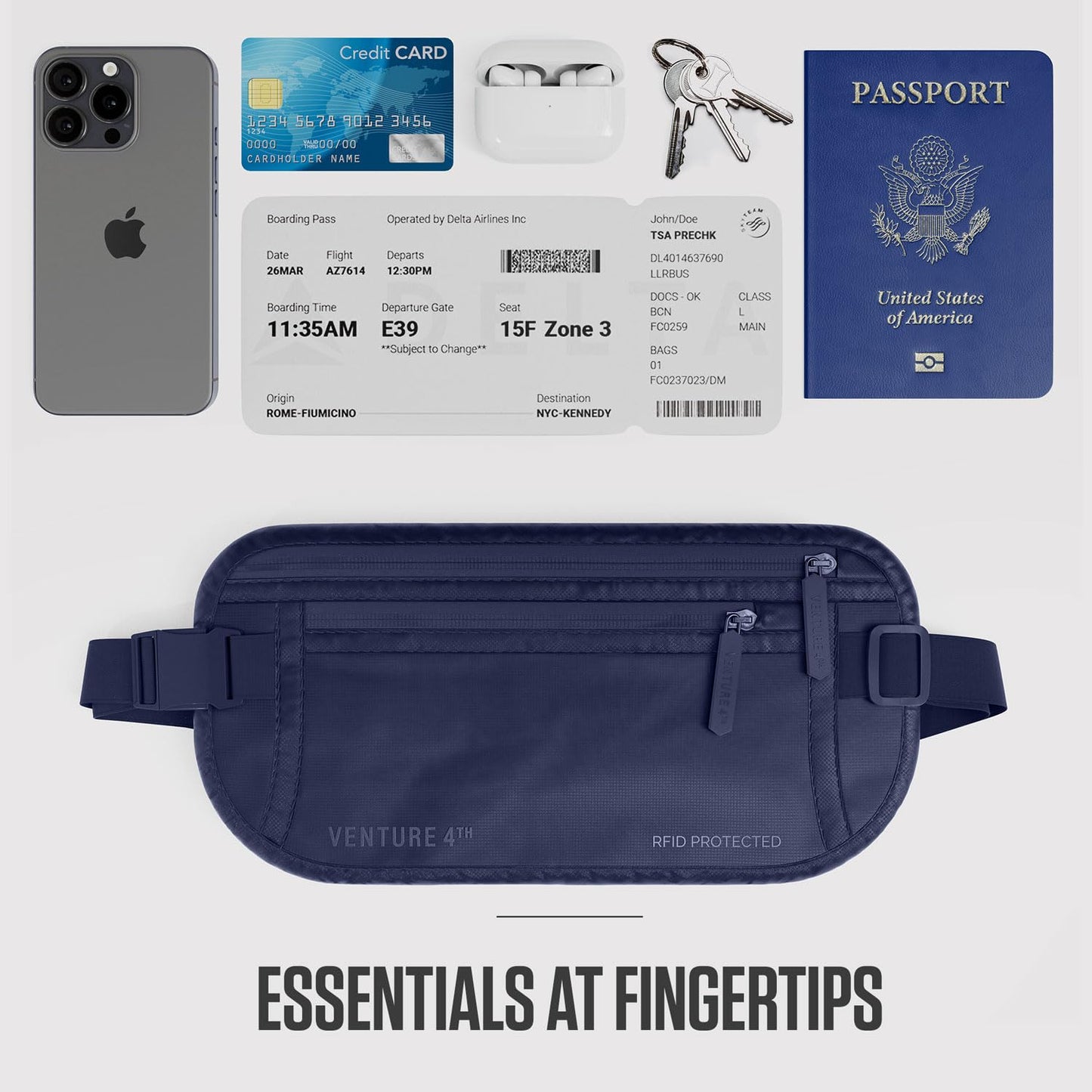 VENTURE 4TH Travel Money Belt - RFID Blocking (Gray)