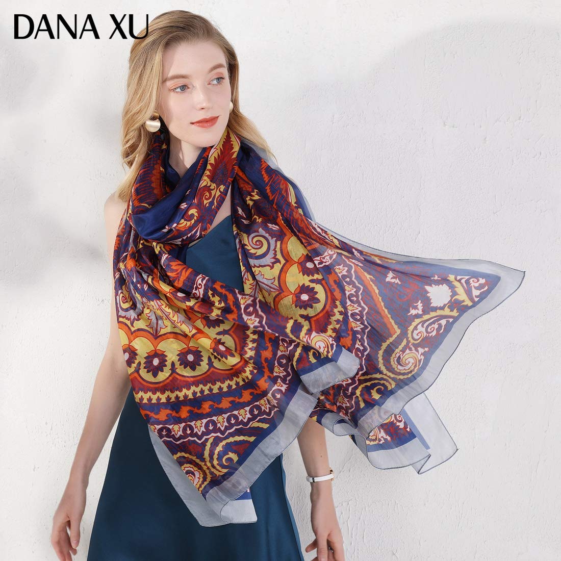 DANA XU 100% Mulberry Satin Silk Summer Travel Scarf Extra Large Women Floral Shawl Oversize Soft Wraps For Evening Dresses