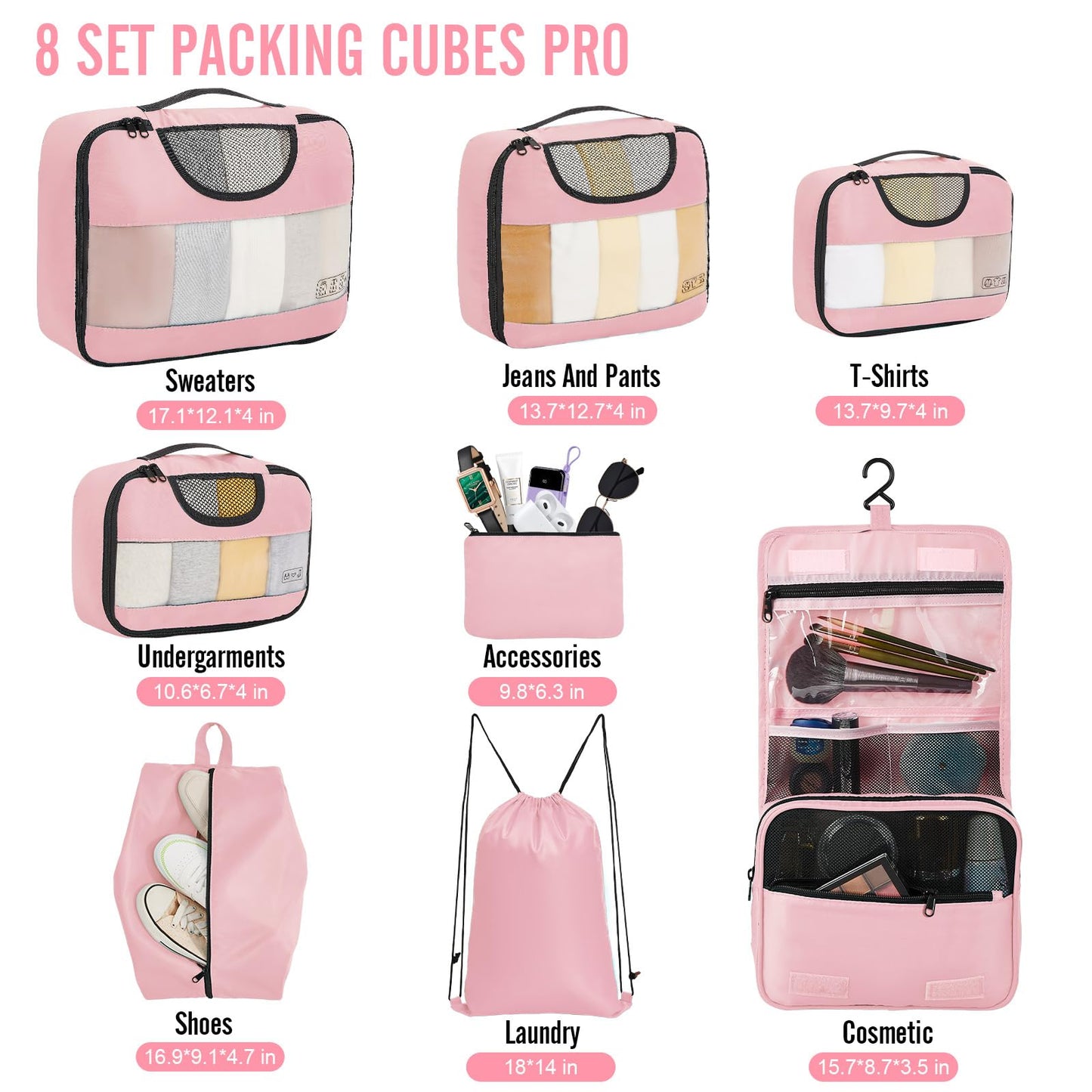 Veken 8 Set Packing Cubes for Travel Essentials, Suitcase Organizer Bags Set for Luggage, Road Trip Travel Accessories in 4 Sizes (Extra Large, Large, Medium, Small)